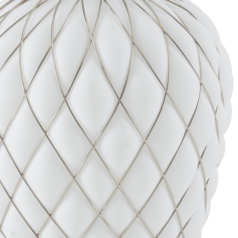 Italian Large 'Pinecone' Table Lamp in Opaline Glass & Chrome for Fontana Arte