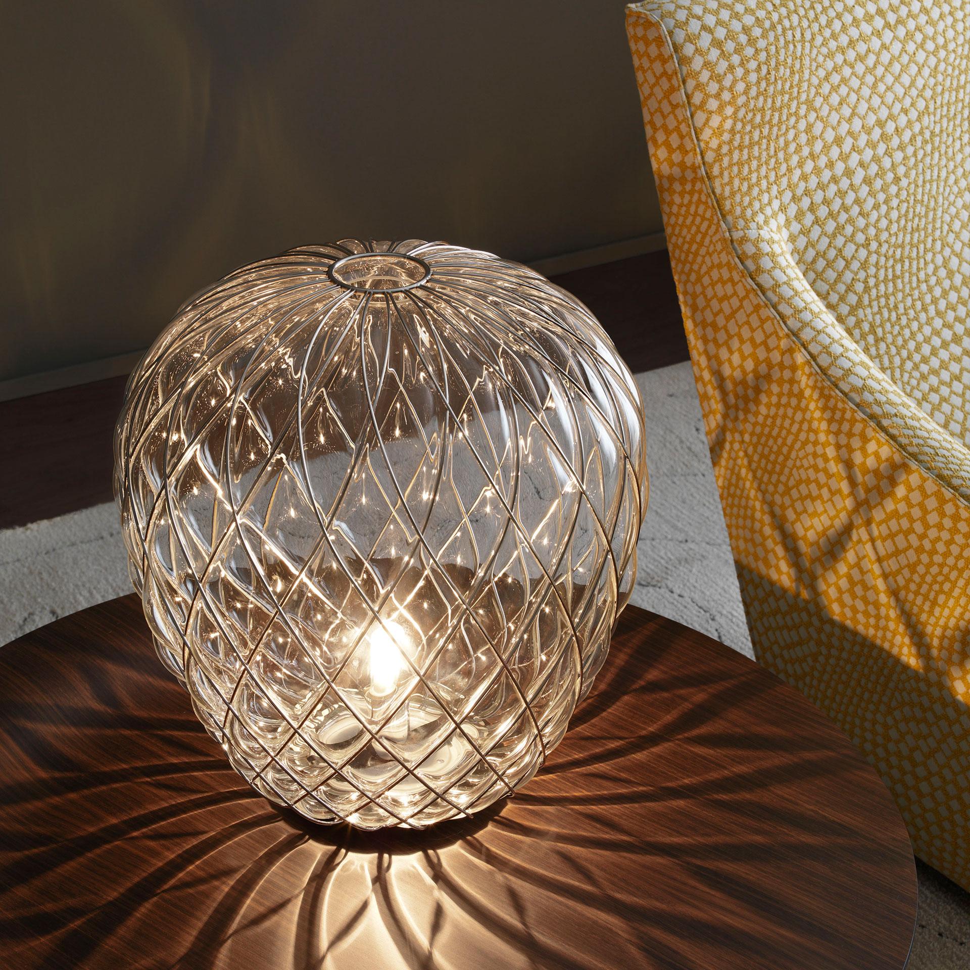 Large 'Pinecone' table lamp in translucent glass & chrome for Fontana Arte. Designed by Paola Navone, the Pinecone comes in both a suspension and table lamp. The diffuser is manufactured using the ancient caged blown glass technique: the glass maker