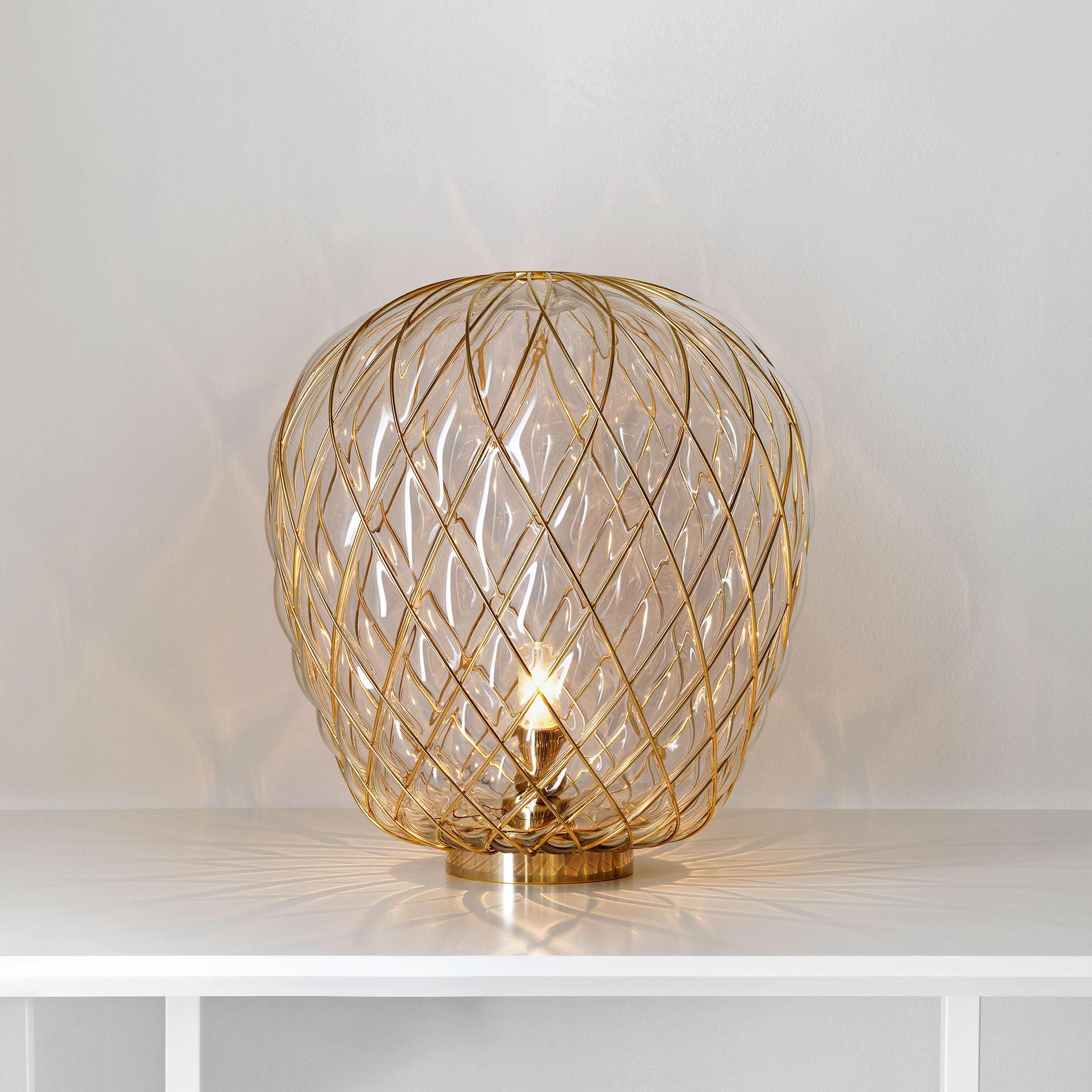 Large 'Pinecone' table lamp in translucent glass & gold metal for Fontana Arte. Designed by Paola Navone, the Pinecone comes in both a suspension and table lamp. The diffuser is manufactured using the ancient caged blown glass technique: the glass