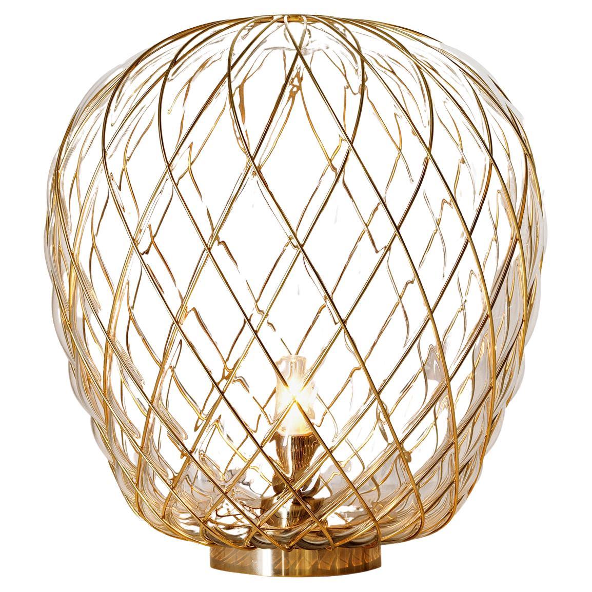 Large 'Pinecone' Table Lamp in Translucent Glass & Gold Metal for Fontana Arte