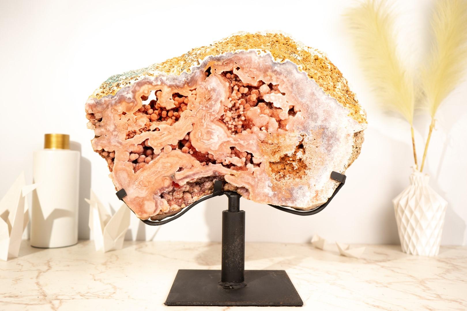 Pink Amethyst Geode Slab on Stand with Rare, Sparkly Coral-Pink Druzy For Sale 8