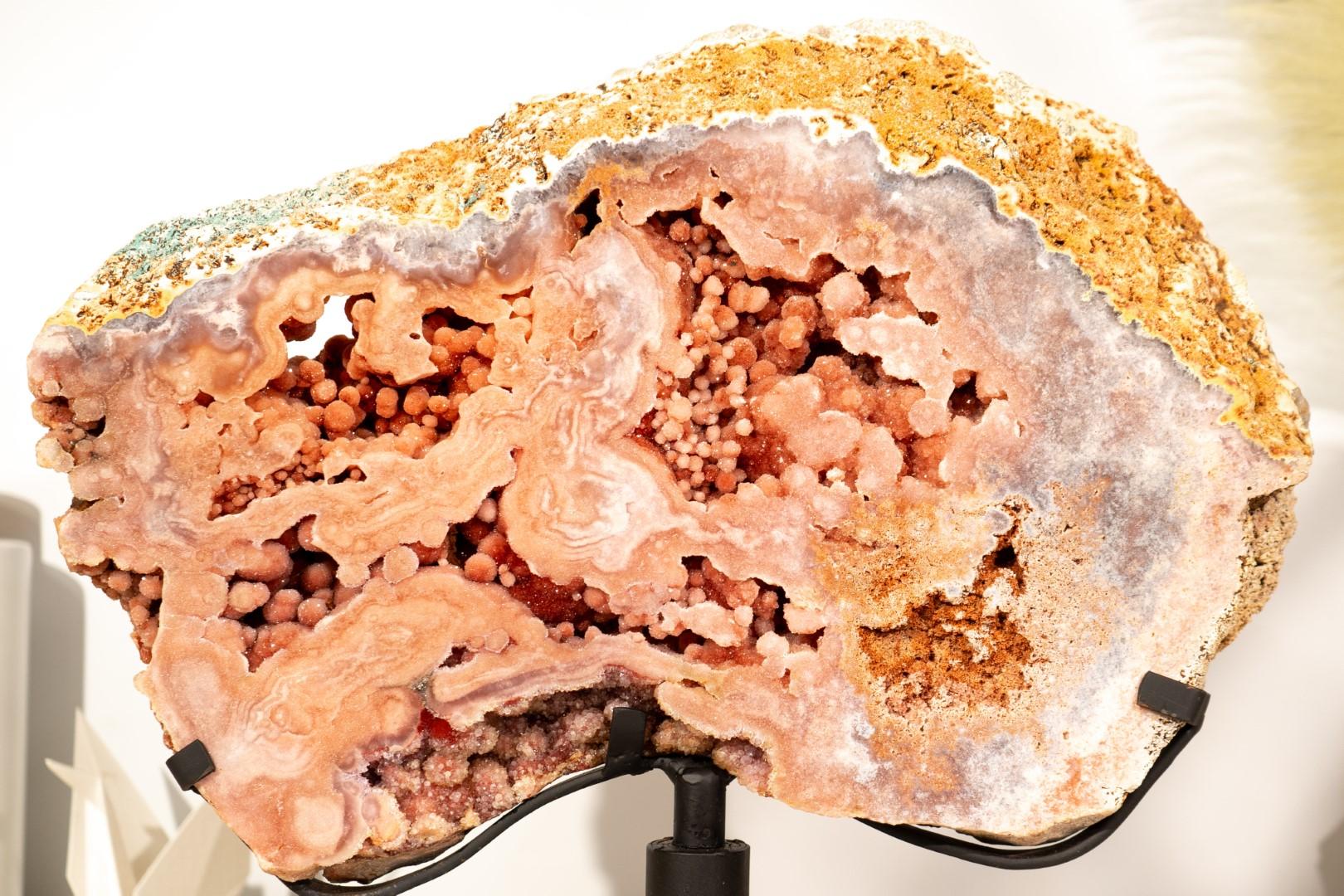 Pink Amethyst Geode Slab on Stand with Rare, Sparkly Coral-Pink Druzy For Sale 9