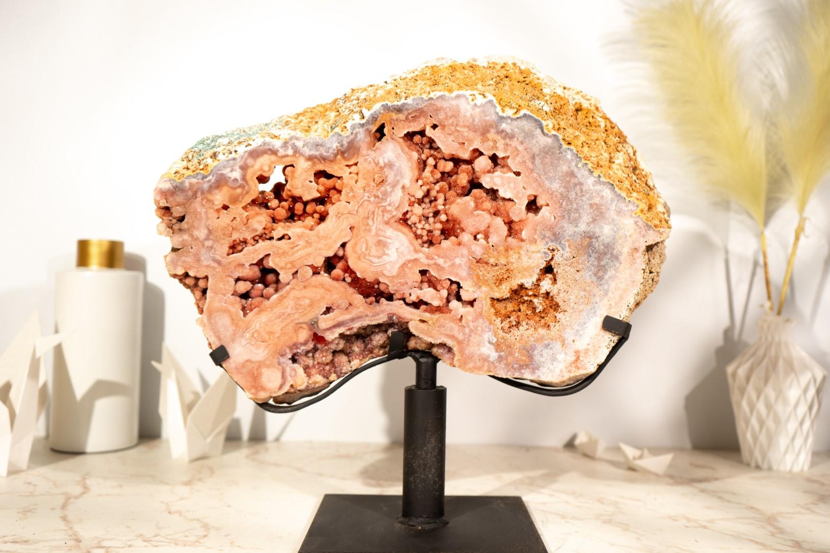 Pink Amethyst Geode Slab on Stand with Rare, Sparkly Coral-Pink Druzy For Sale 10