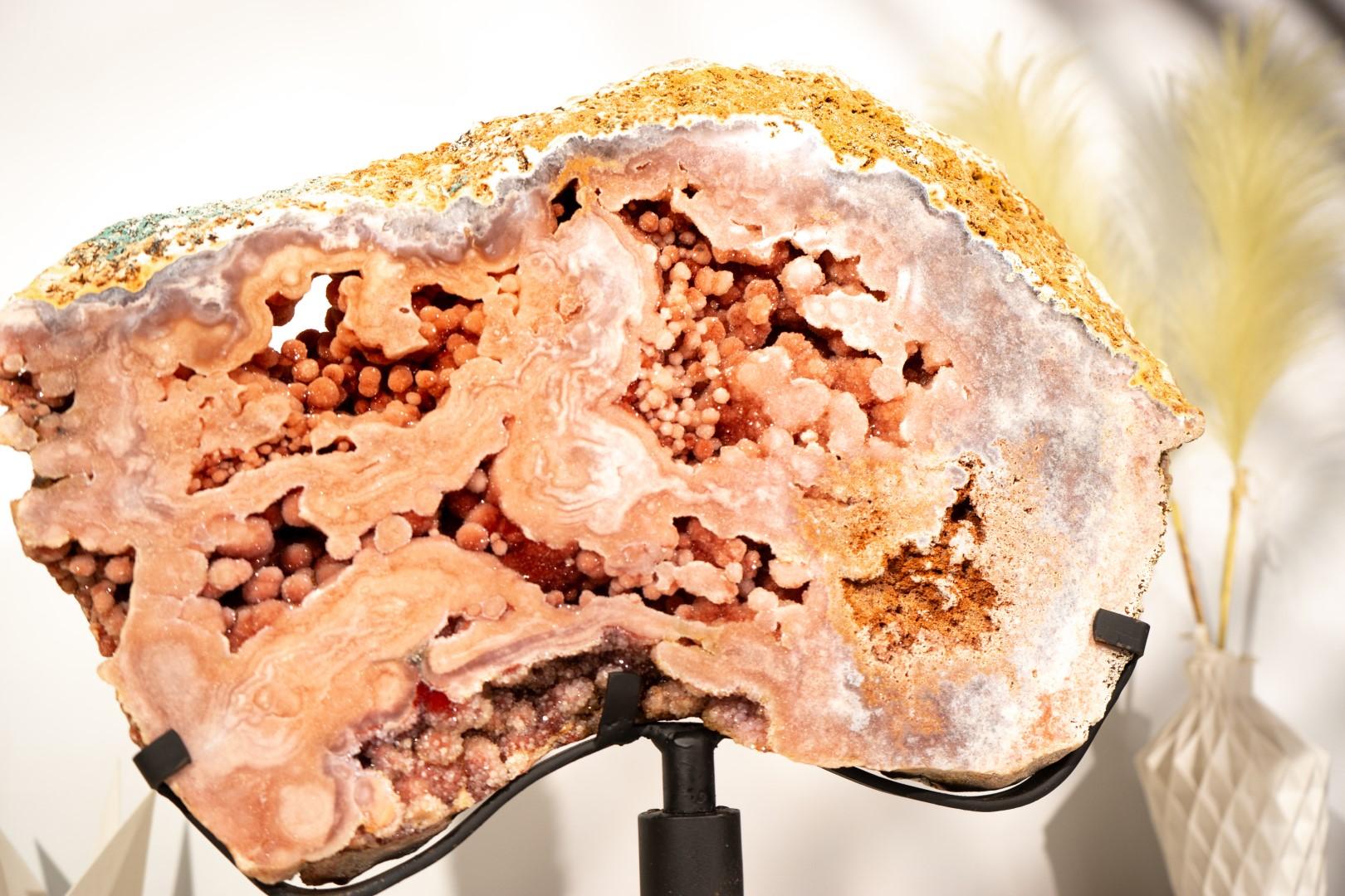 Pink Amethyst Geode Slab on Stand with Rare, Sparkly Coral-Pink Druzy For Sale 11