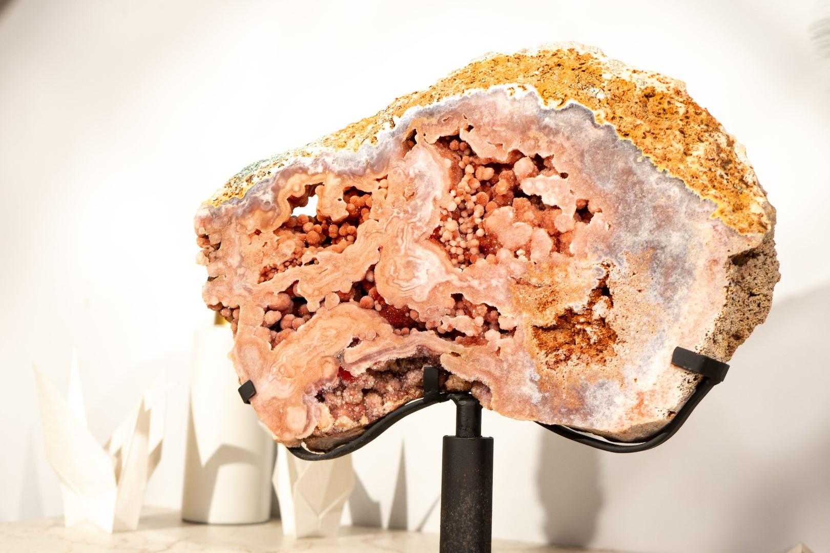 Brazilian Pink Amethyst Geode Slab on Stand with Rare, Sparkly Coral-Pink Druzy For Sale