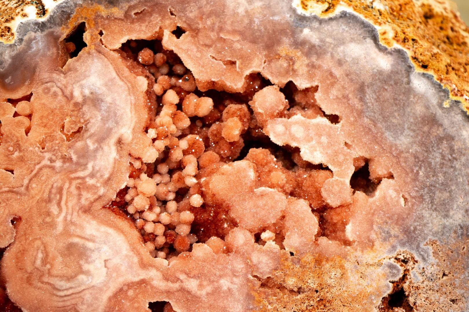 Crystal Pink Amethyst Geode Slab on Stand with Rare, Sparkly Coral-Pink Druzy For Sale