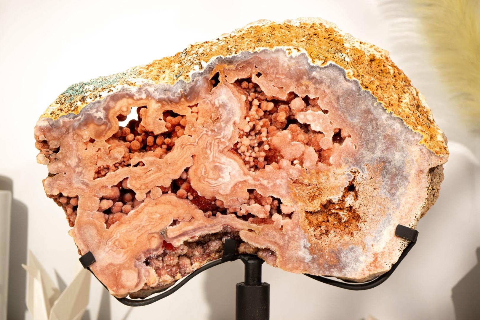 Pink Amethyst Geode Slab on Stand with Rare, Sparkly Coral-Pink Druzy For Sale 1