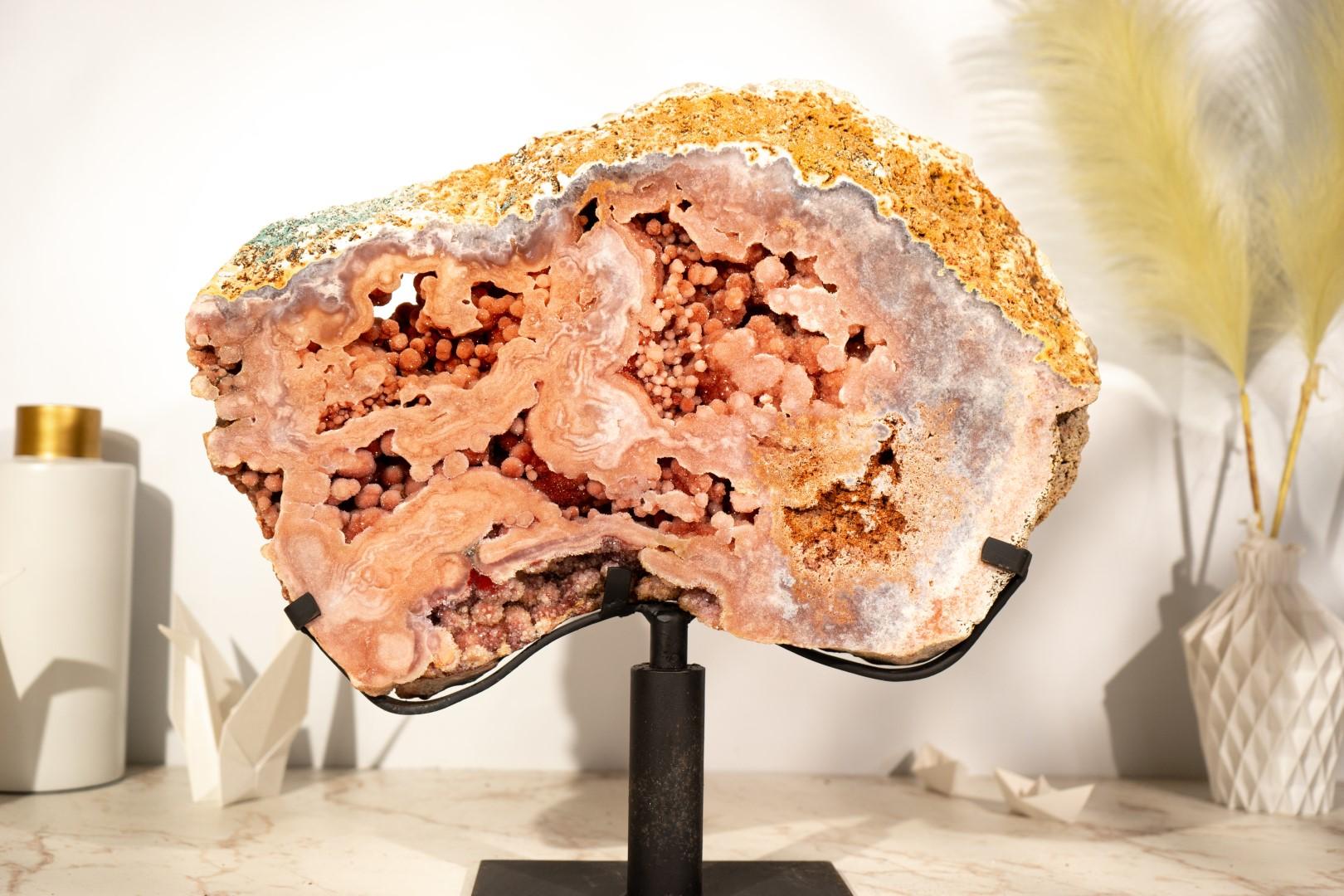 Pink Amethyst Geode Slab on Stand with Rare, Sparkly Coral-Pink Druzy For Sale 2