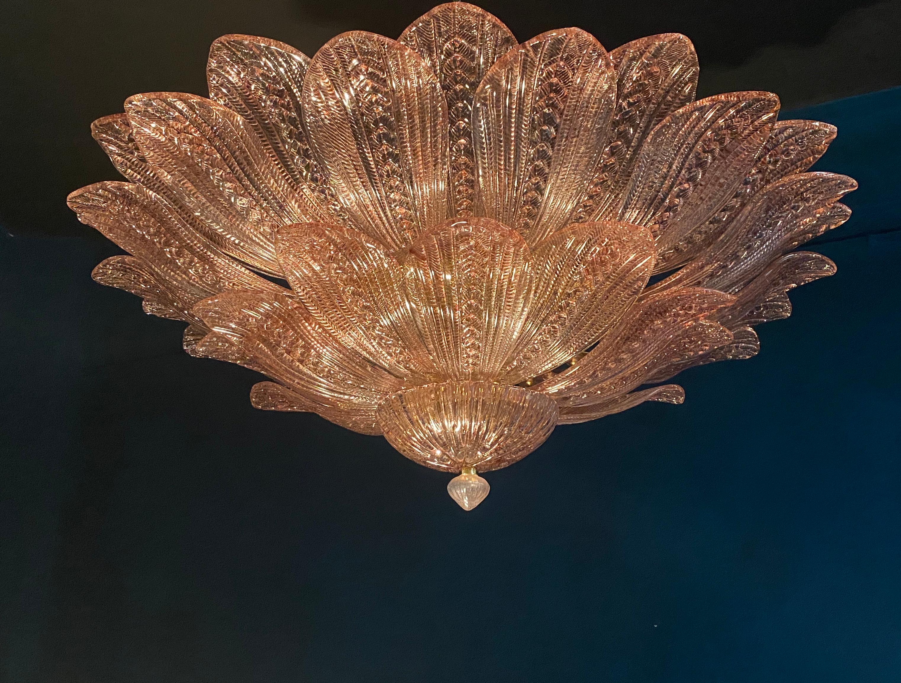 Late 20th Century Large Pink Amethyst Murano Glass Leave Ceiling Light or Chandelier For Sale