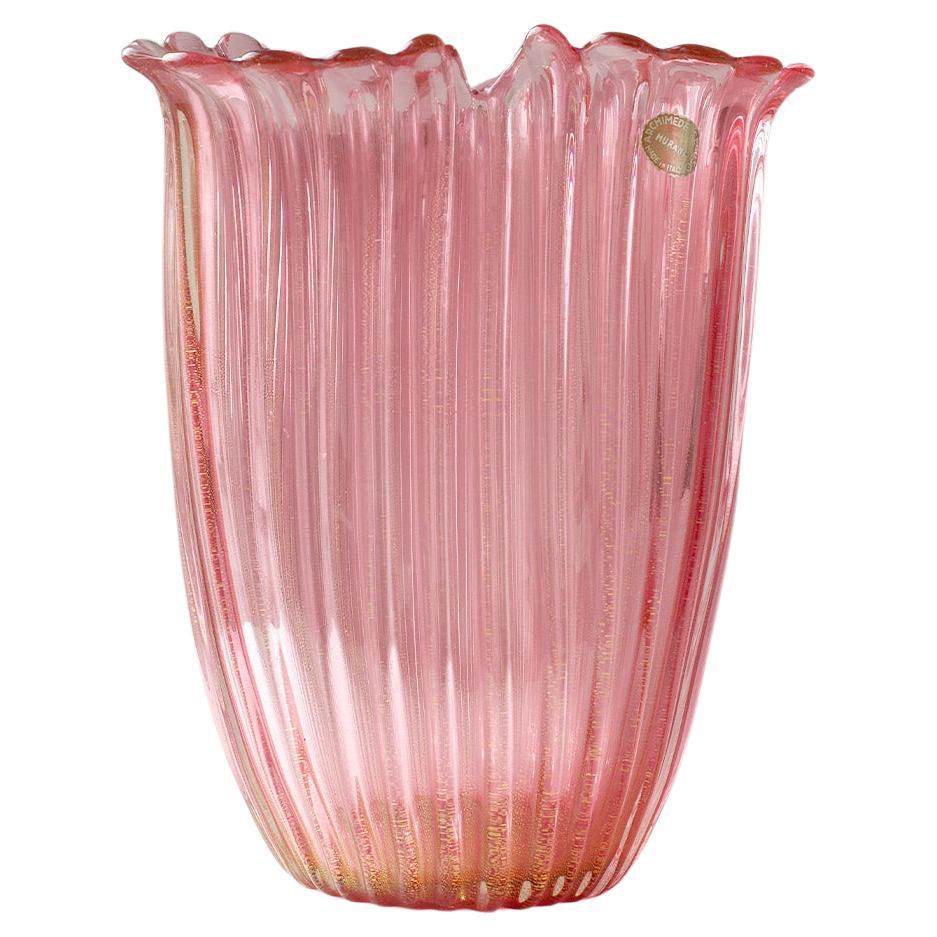 Large Pink and gold 1950s Archimede Seguso Hand-blown Murano Glass Vase For Sale