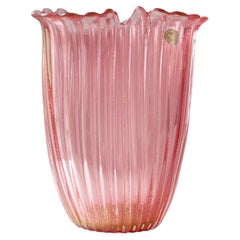 Grande vaso in vetro di Murano soffiato a mano rosa e oro degli anni '50 di Archimede Seguso