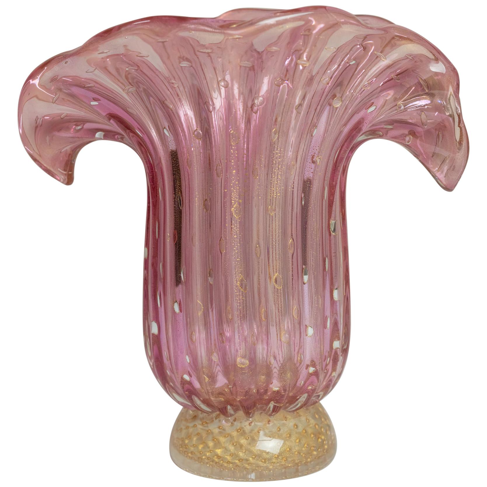 Large Mid-Century Murano Pink & Gold Art Glass Pitcher