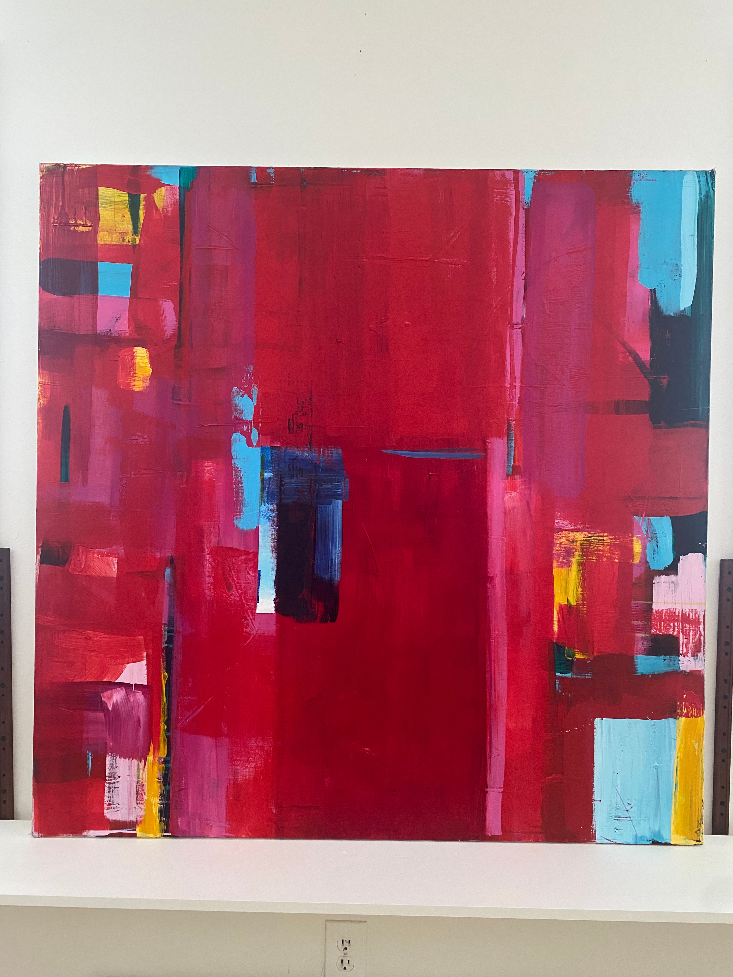 Large-Scale Contemporary Abstract "Crimson Cadence"  48" Mixed Media on Canvas For Sale