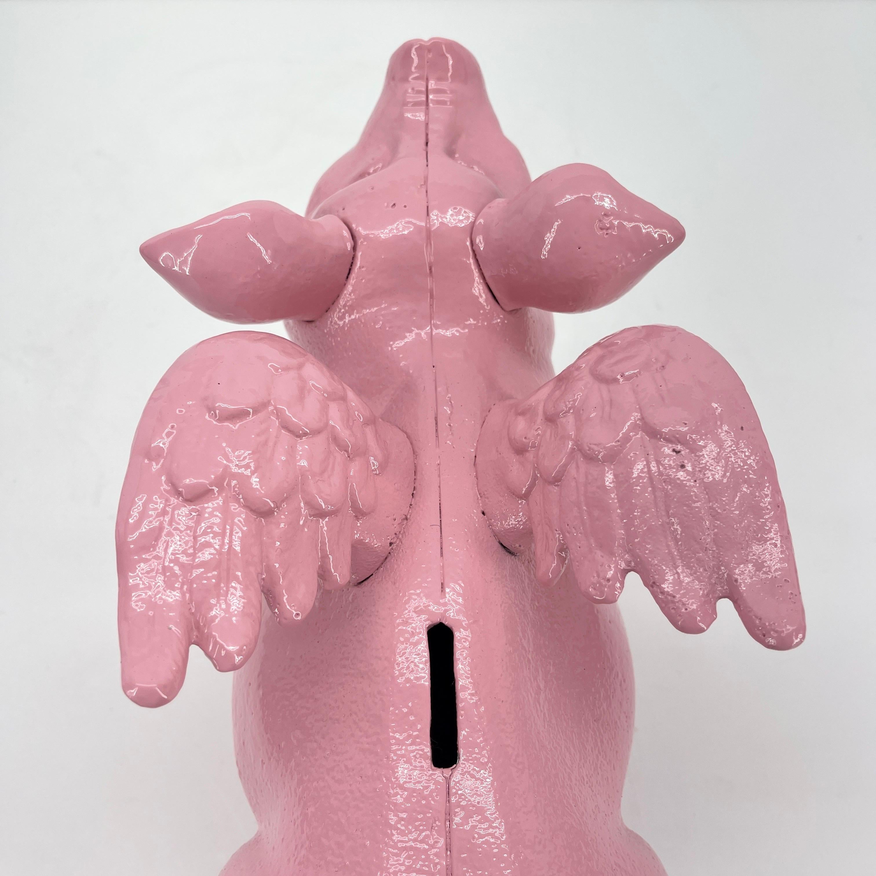 Large Pink Cast Iron Pig Money Bank or Doorstop with Wings, Denmark 1