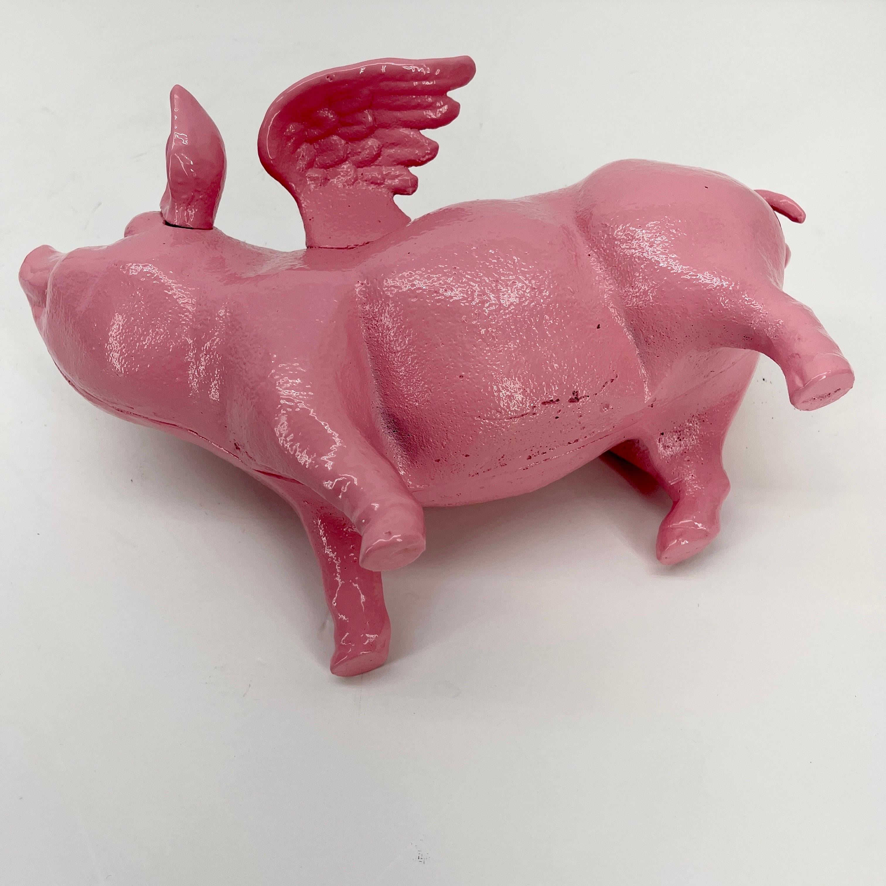 Large Pink Cast Iron Pig Money Bank or Doorstop with Wings, Denmark 4