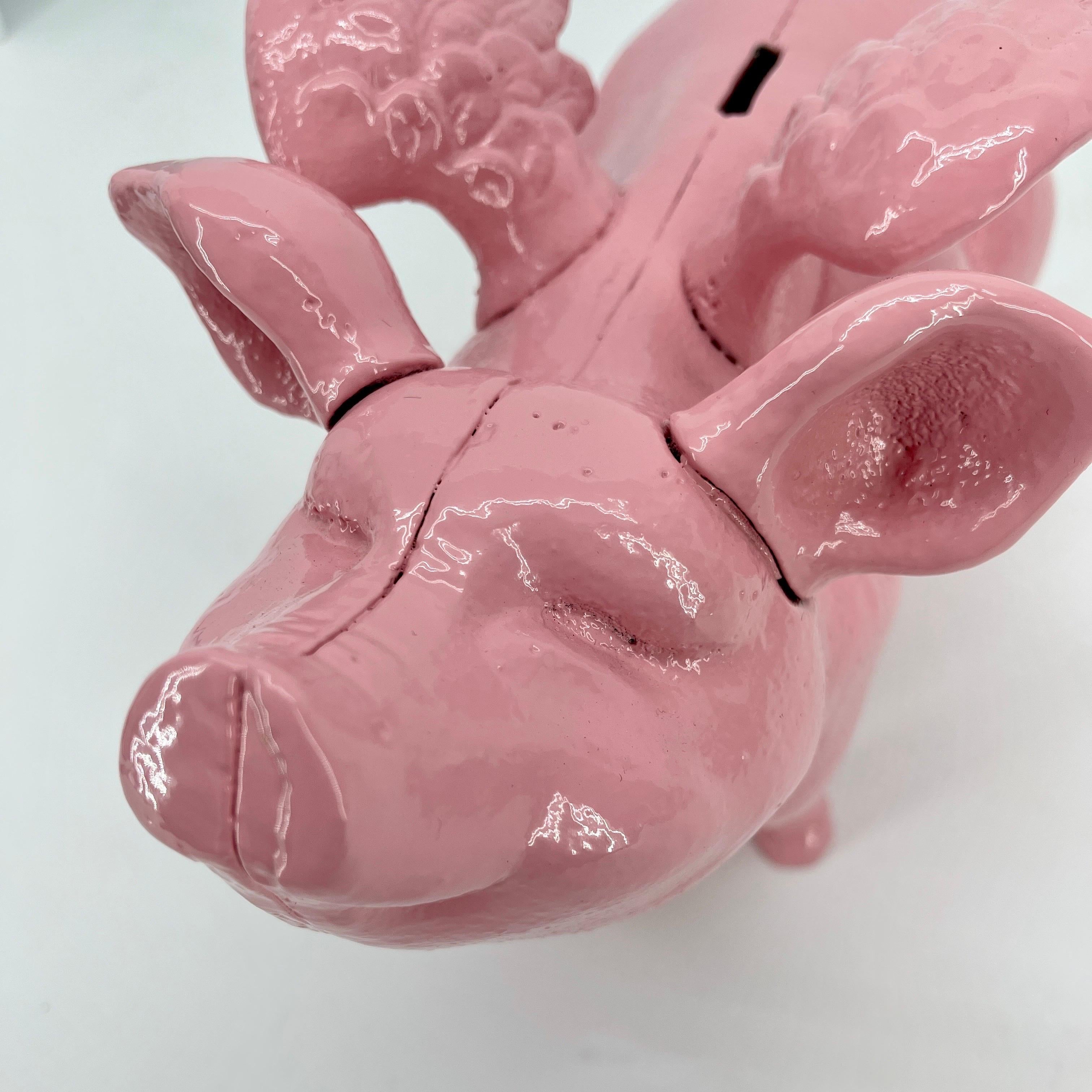 Large Pink Cast Iron Pig Money Bank or Doorstop with Wings, Denmark 5