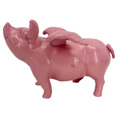 Large Pink Cast Iron Pig Money Bank or Doorstop with Wings, Denmark