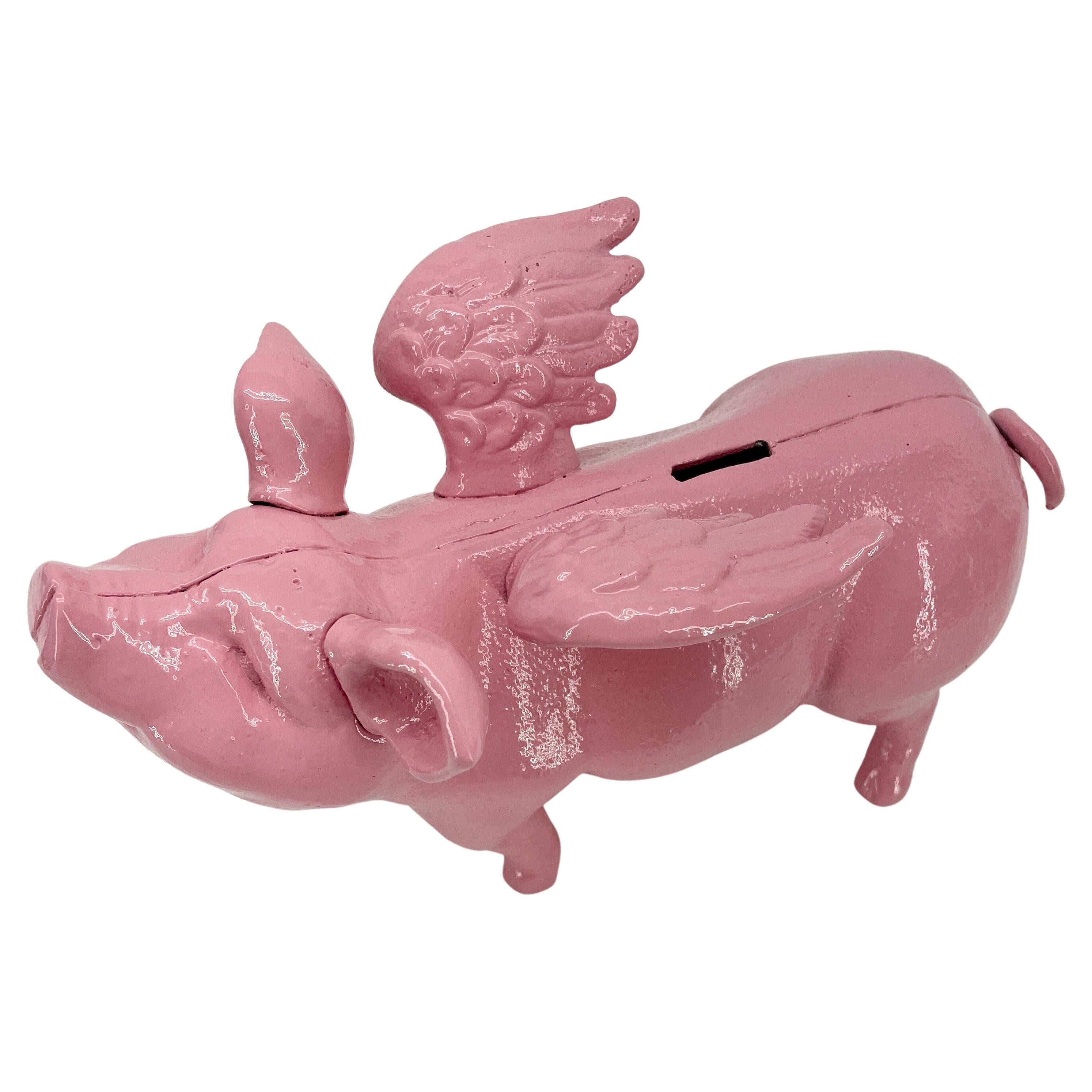 Folk Art Large Pink Cast Iron Pig Money Bank or Doorstop with Wings, Denmark