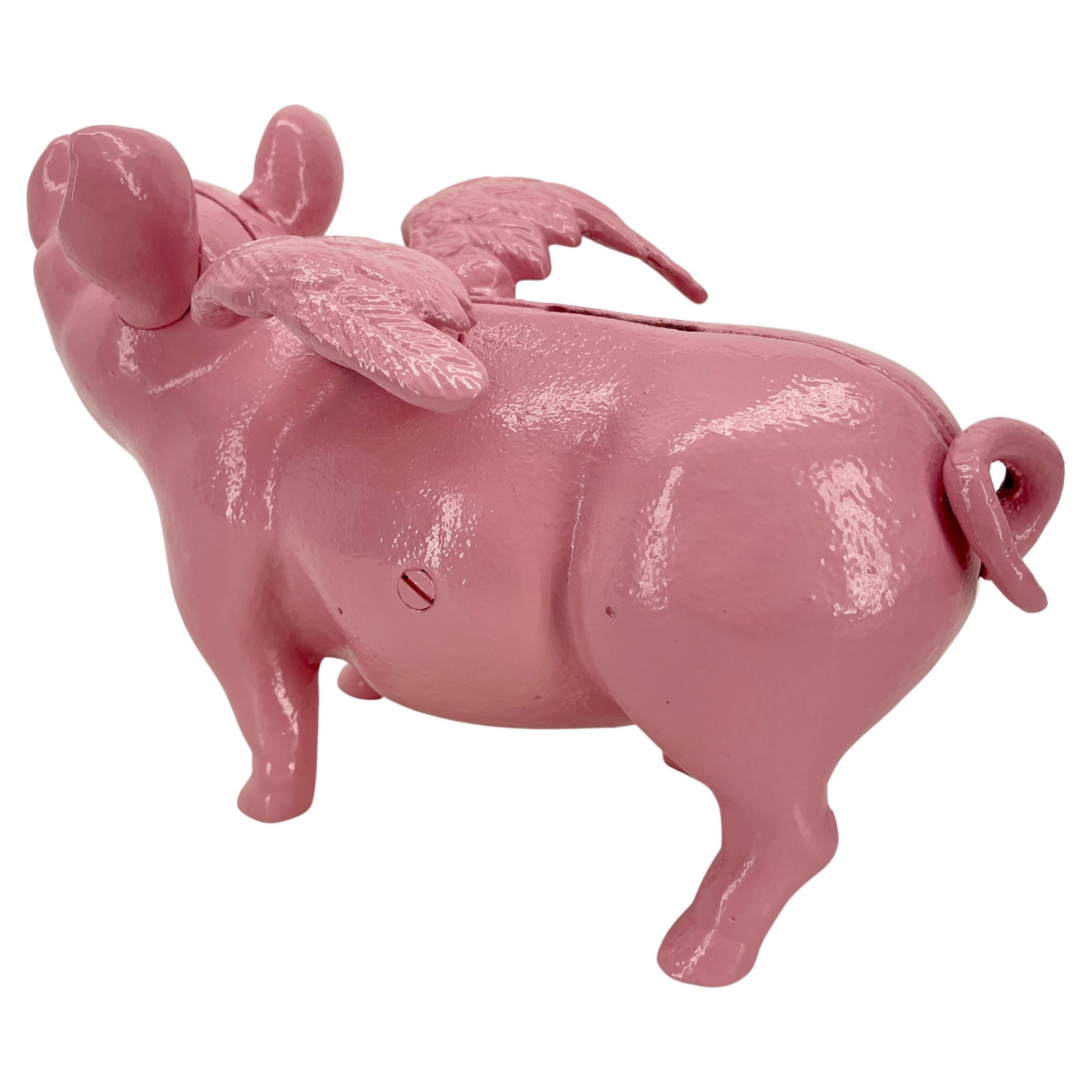 Folk Art Large Pink Cast Iron Pig Money Bank or Doorstop with Wings, Denmark For Sale