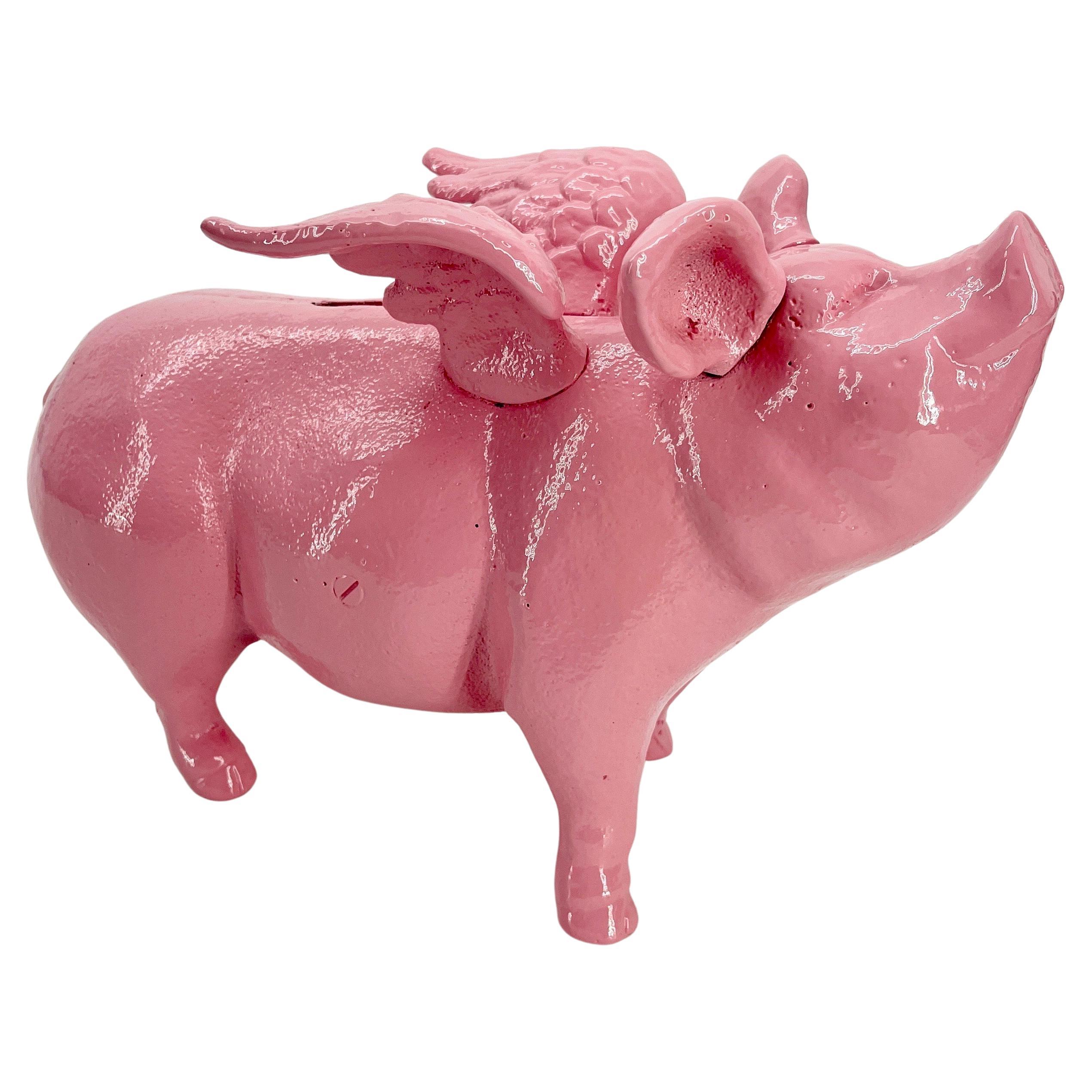Danish Large Pink Cast Iron Pig Money Bank or Doorstop with Wings, Denmark