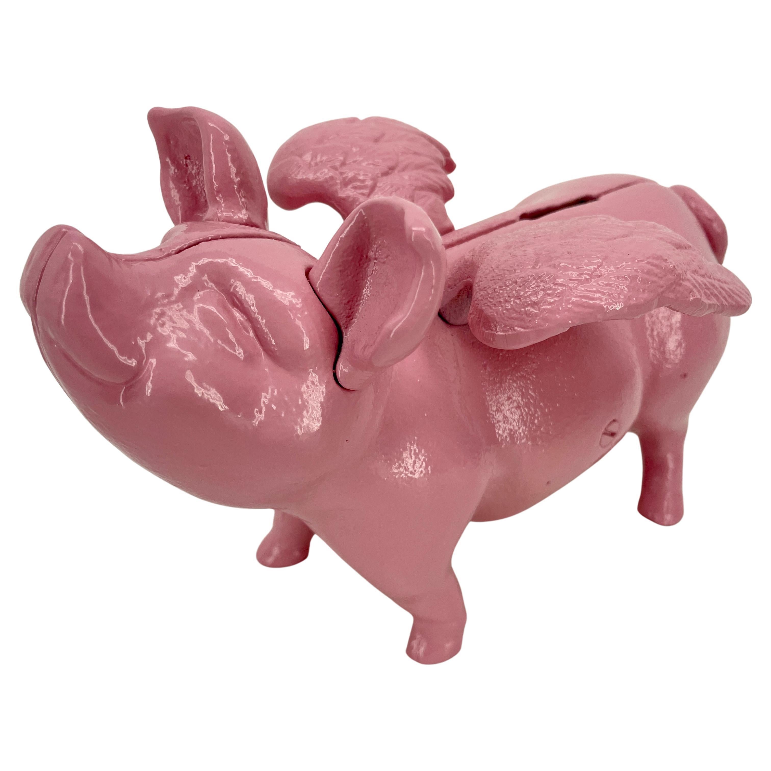 Danish Large Pink Cast Iron Pig Money Bank or Doorstop with Wings, Denmark For Sale