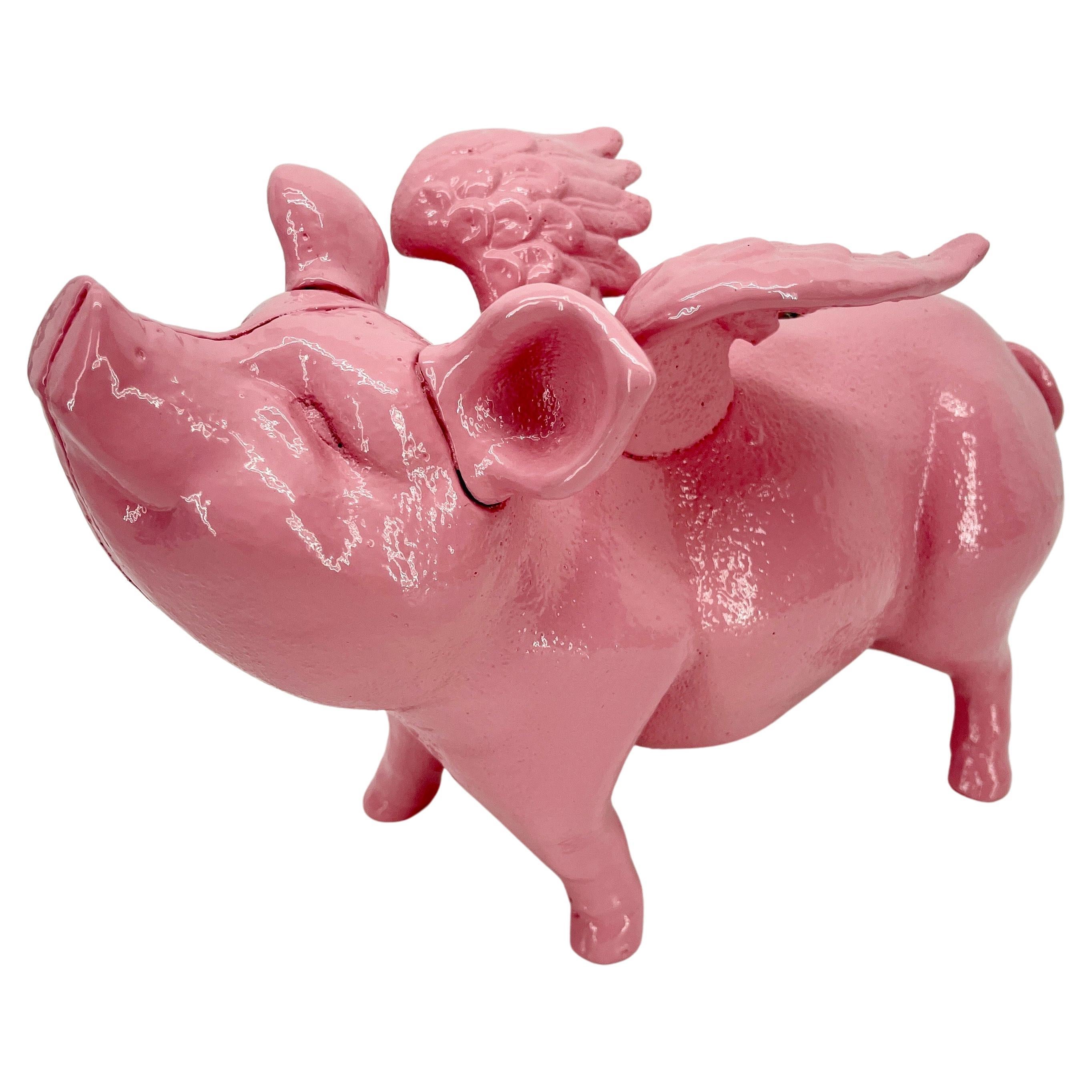 Large Pink Cast Iron Pig Money Bank or Doorstop with Wings, Denmark In Good Condition In Haddonfield, NJ
