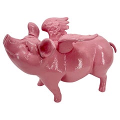 Large Pink Cast Iron Pig Money Bank or Doorstop with Wings, Denmark