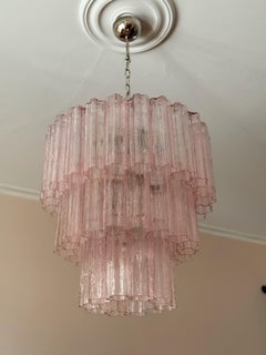 Großer rosafarbener Murano-Kronleuchter mit röhrenförmigen Prismen TRONCHI