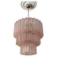 Großer rosafarbener Murano-Kronleuchter mit röhrenförmigen Prismen TRONCHI