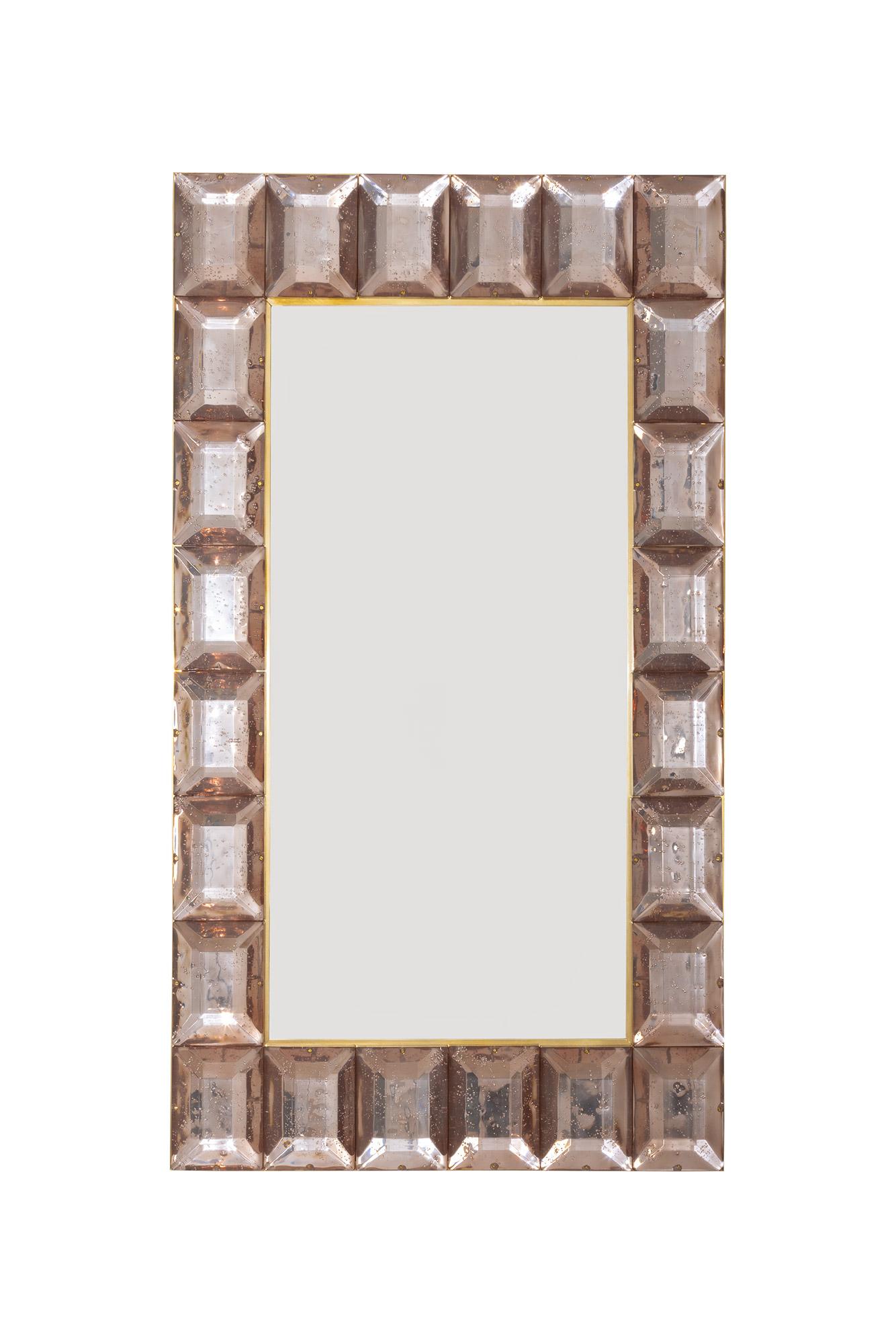 Large pink diamond cut Murano glass mirrors, in stock.
 Contemporary and customizable mirror with a faceted blush pink Murano glass frame, edged in brass and luxury handcrafted by a team of artisans in Venice, Italy. Each pink glass has a highly