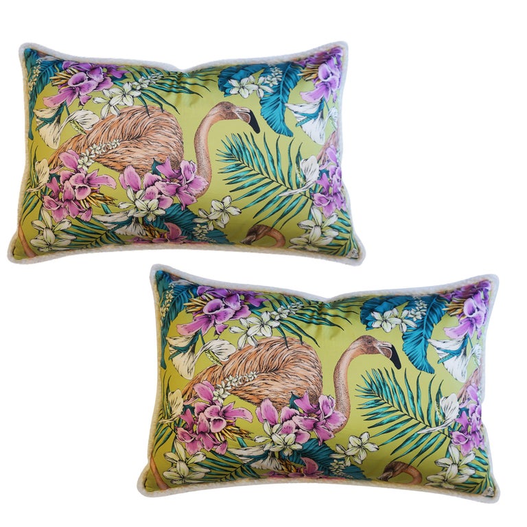 Large Pink Flamingo and Mohair Throw Pillows For Sale at