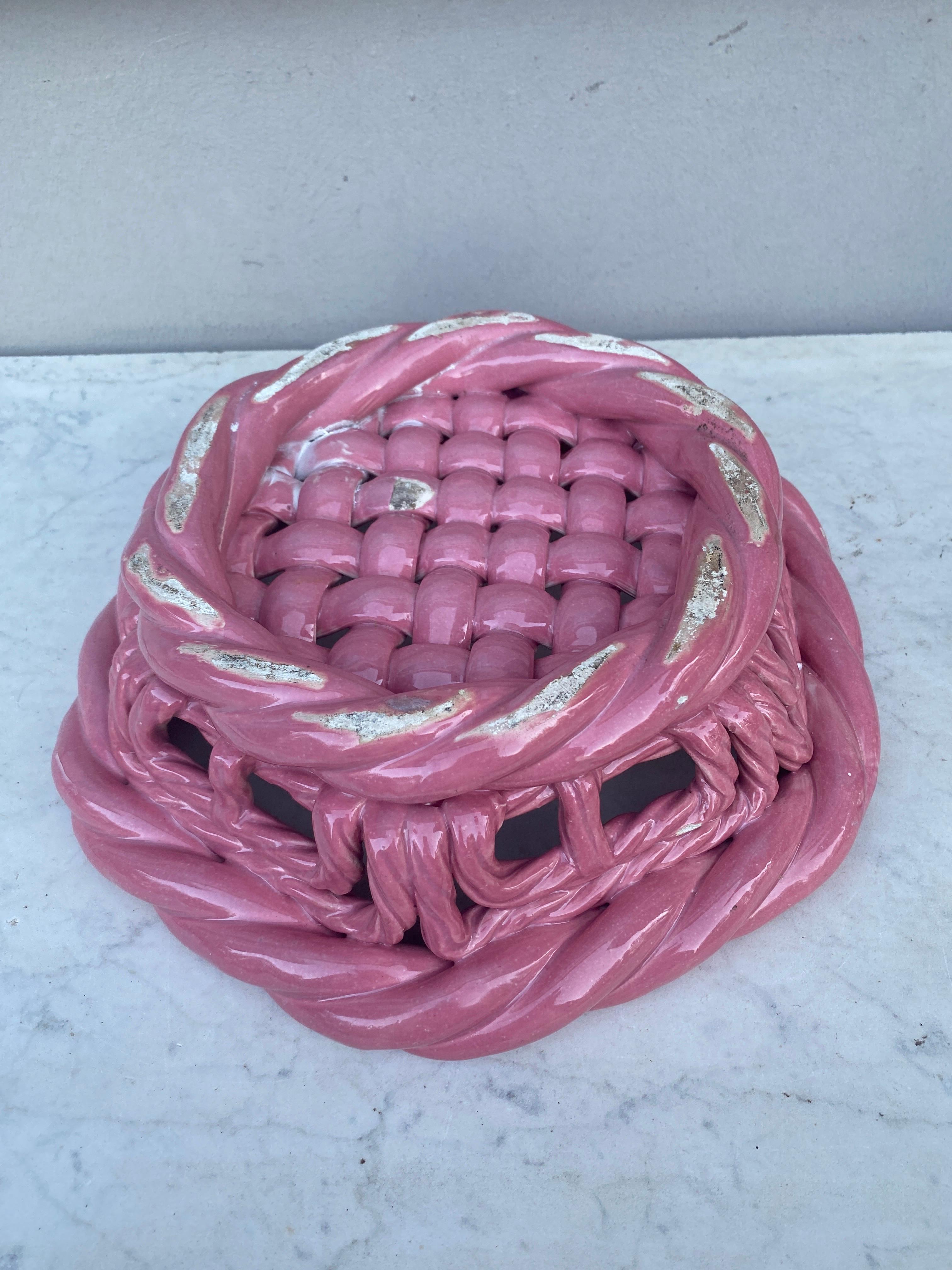 Ceramic Large Pink French Bowl or Basket Vallauris Circa 1950 For Sale
