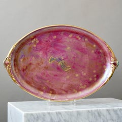 Grande piatto a lustro Art Deco rosa e oro. Josef Ekberg, Gustavsberg, Svezia, anni 20