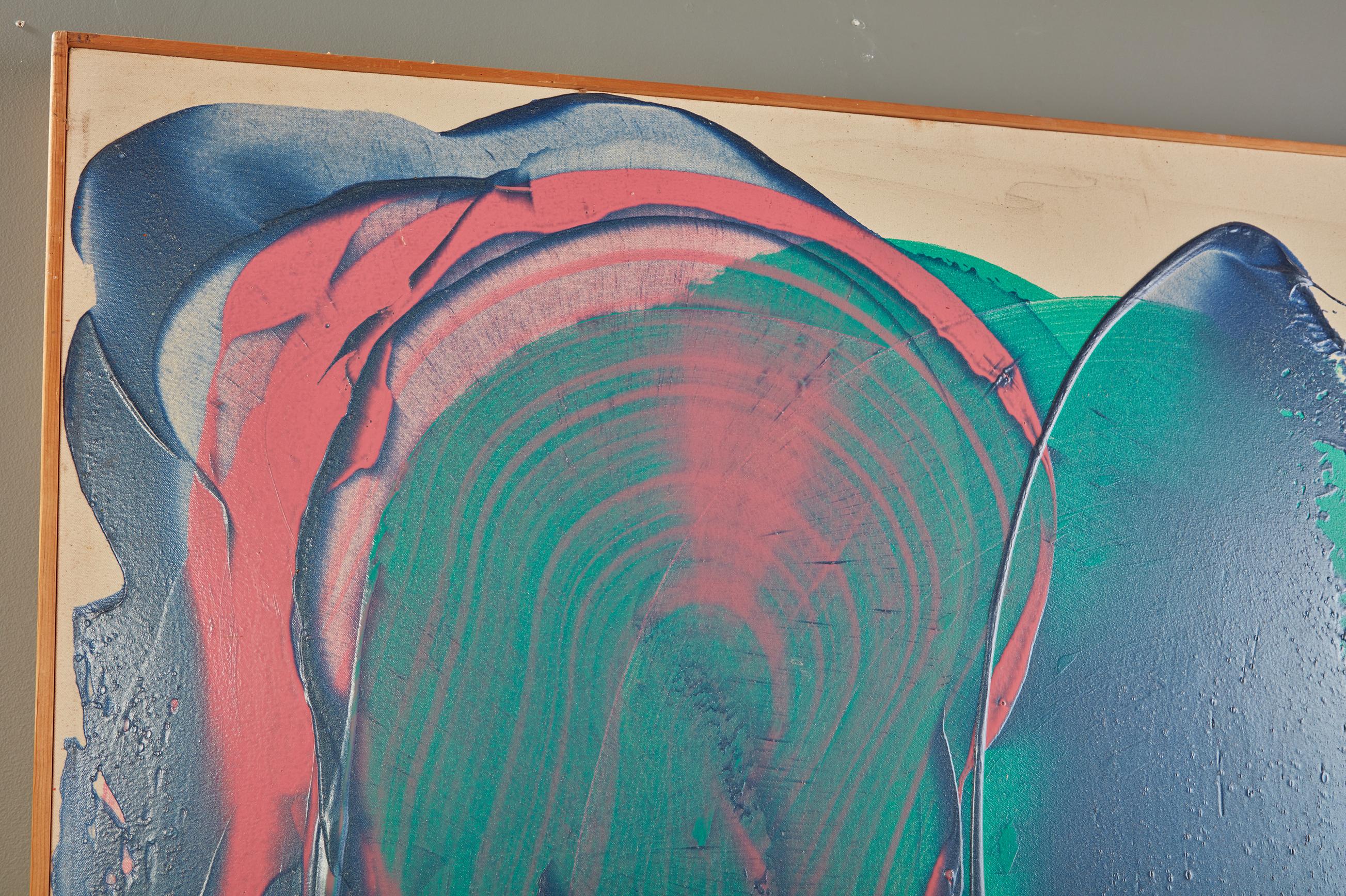 Grande peinture abstraite à l'acrylique et à la résine rose, verte et bleue sur toile de John Link en vente 3