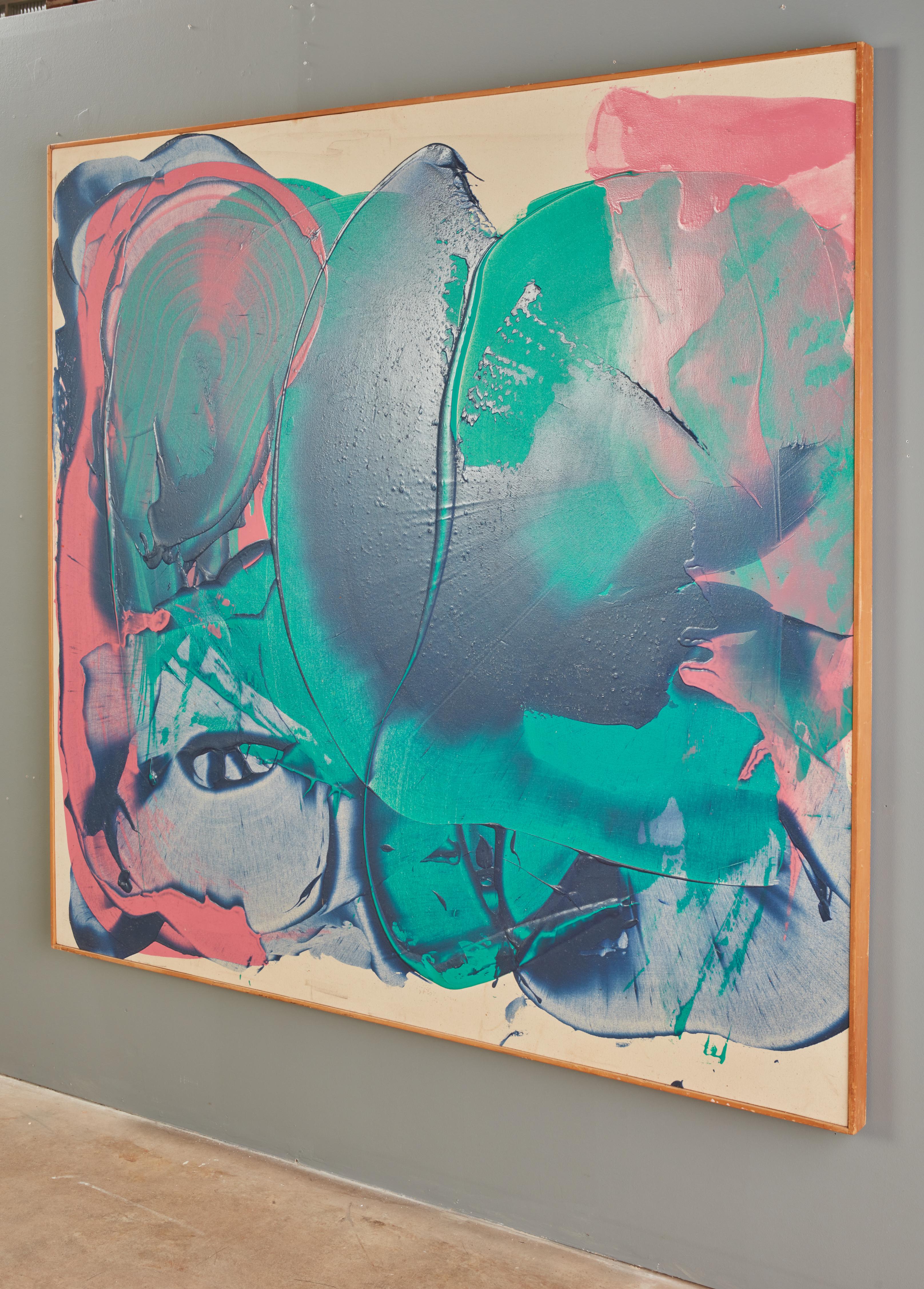 Grande peinture abstraite à l'acrylique et à la résine rose, verte et bleue sur toile de John Link en vente 4