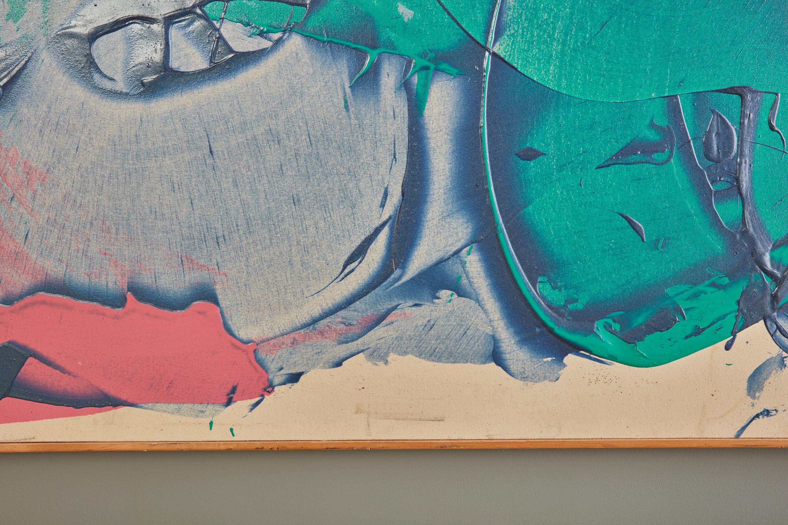 Grande peinture abstraite à l'acrylique et à la résine rose, verte et bleue sur toile de John Link en vente 5