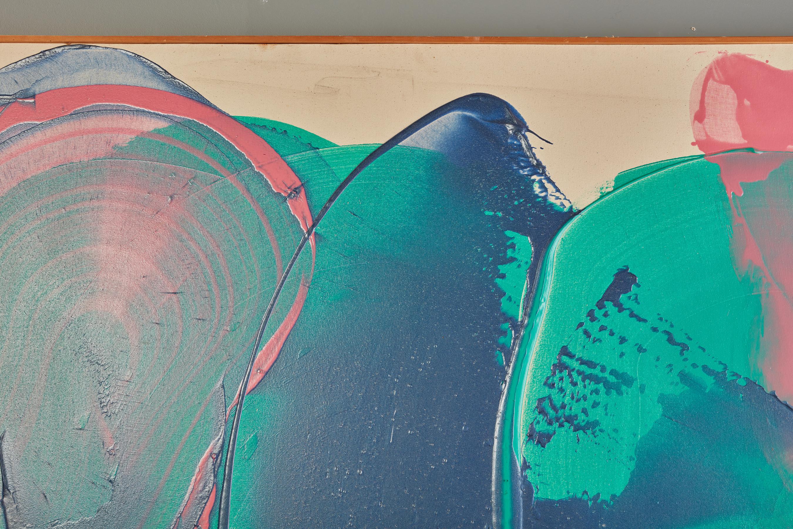 Grande peinture abstraite à l'acrylique et à la résine rose, verte et bleue sur toile de John Link en vente 6