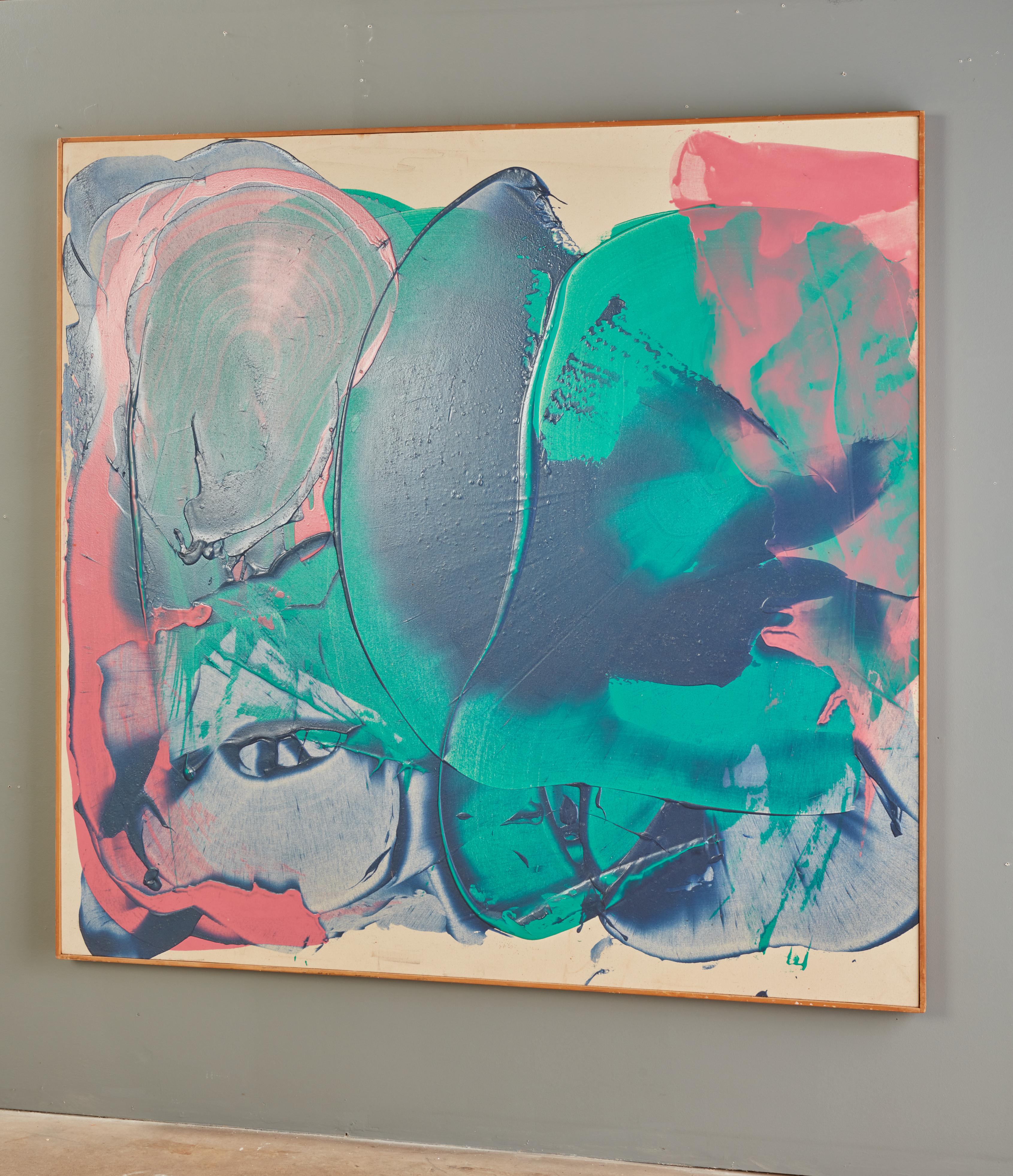 Thickly layered blue, pink & green abstract acrylic painting on canvas by the Late Midwestern Artist John Link, mounted in a wood frame. This work, entitled 