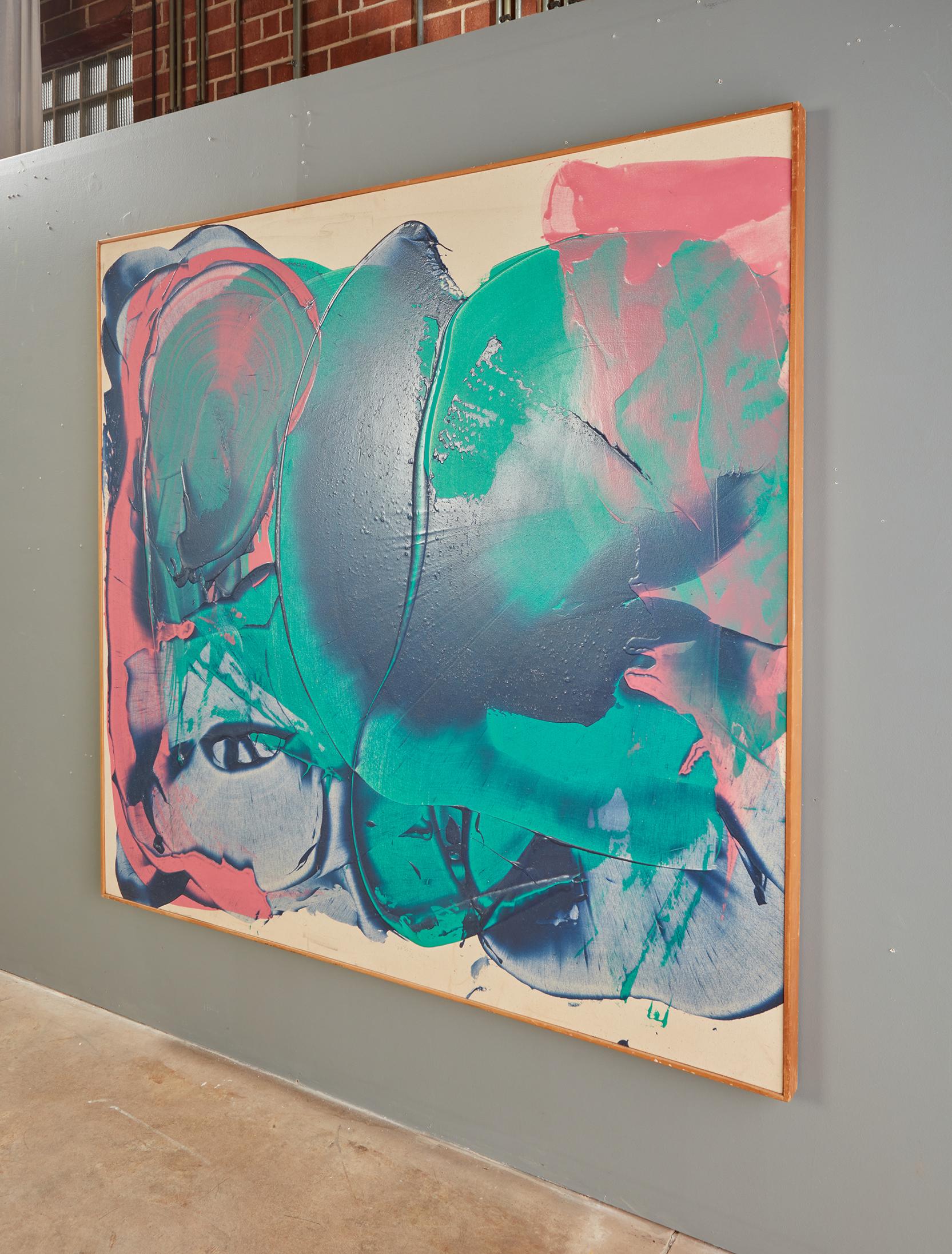 Moderne Grande peinture abstraite à l'acrylique et à la résine rose, verte et bleue sur toile de John Link en vente