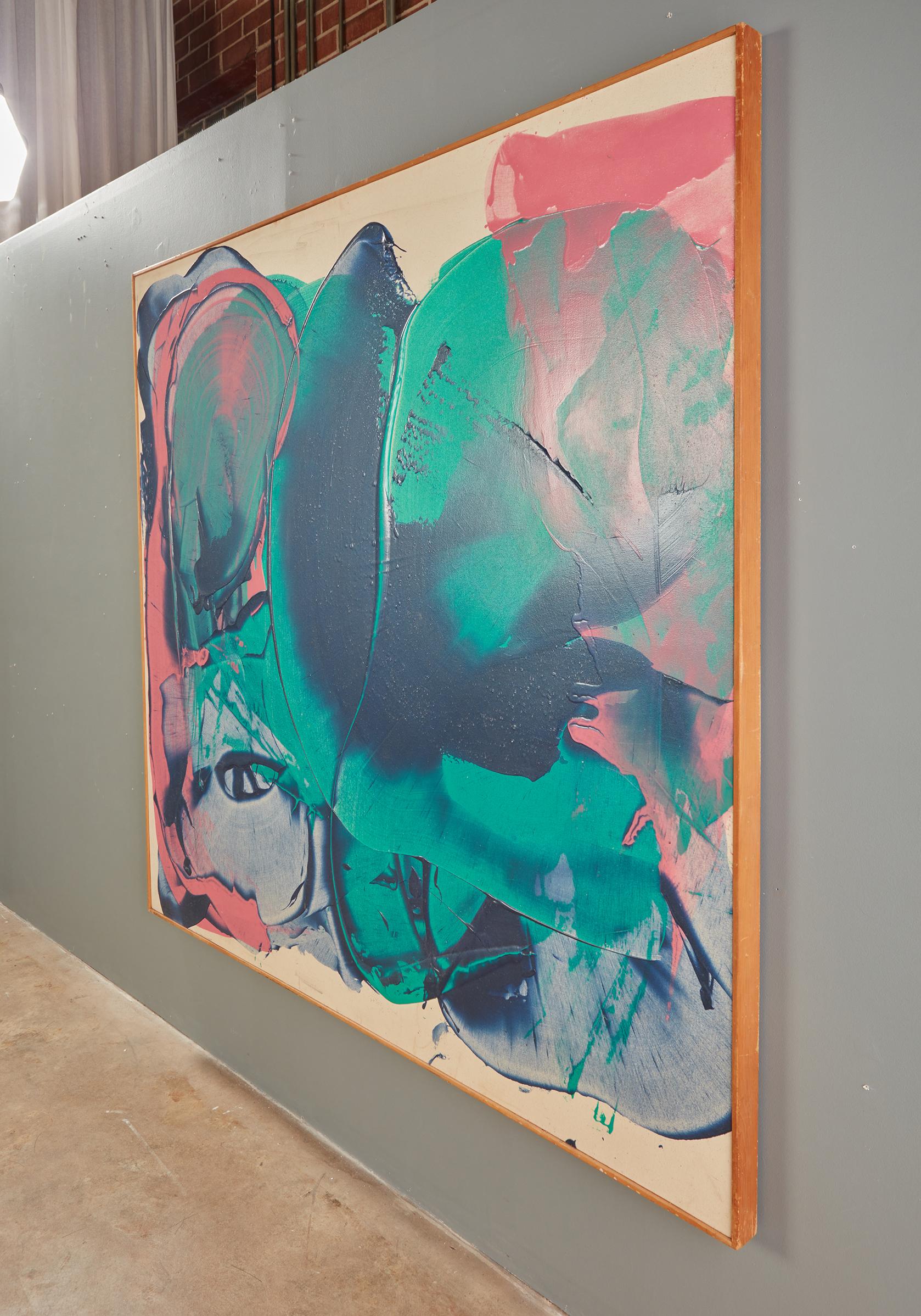 Américain Grande peinture abstraite à l'acrylique et à la résine rose, verte et bleue sur toile de John Link en vente