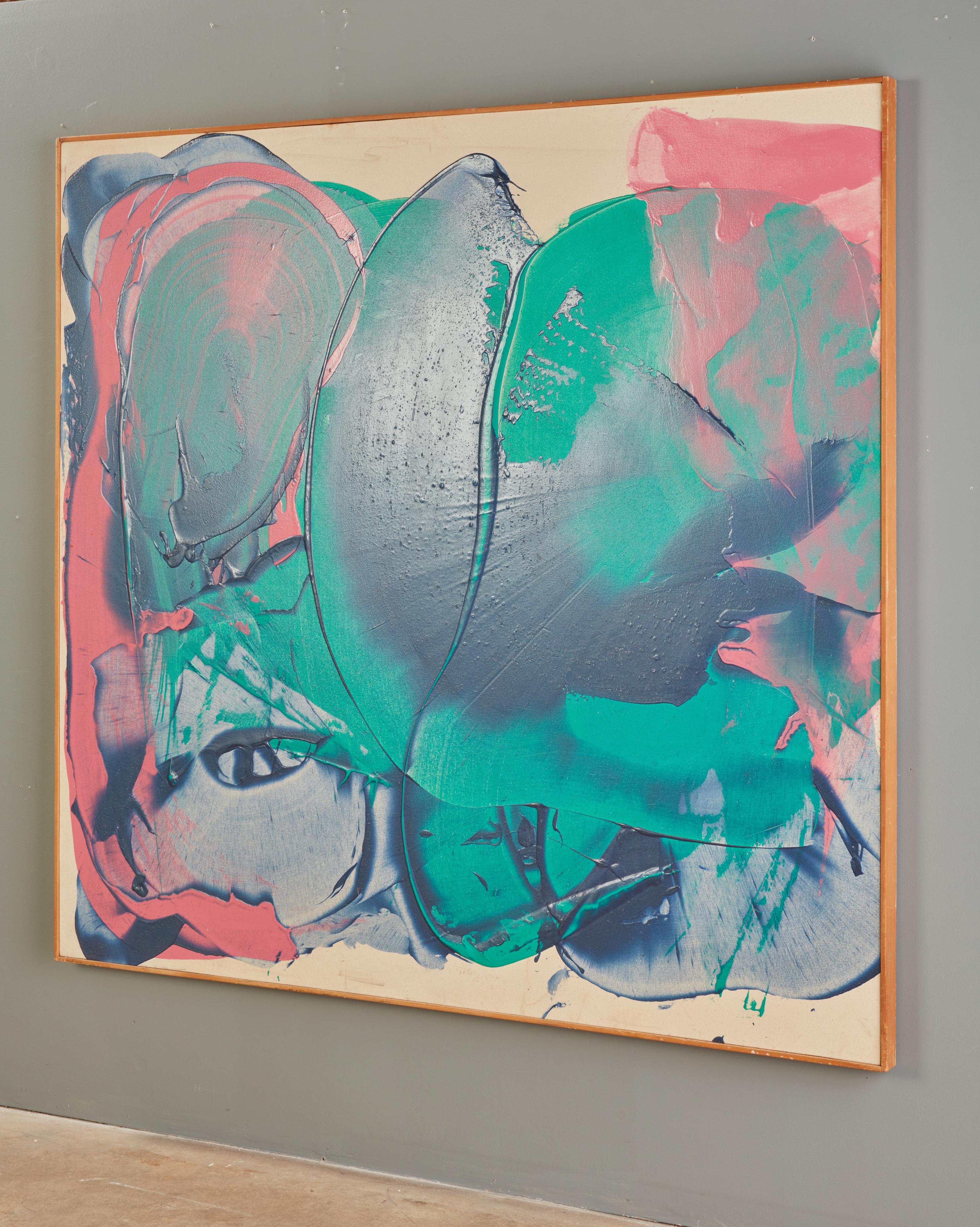 Grande peinture abstraite à l'acrylique et à la résine rose, verte et bleue sur toile de John Link Bon état - En vente à Greensboro, NC