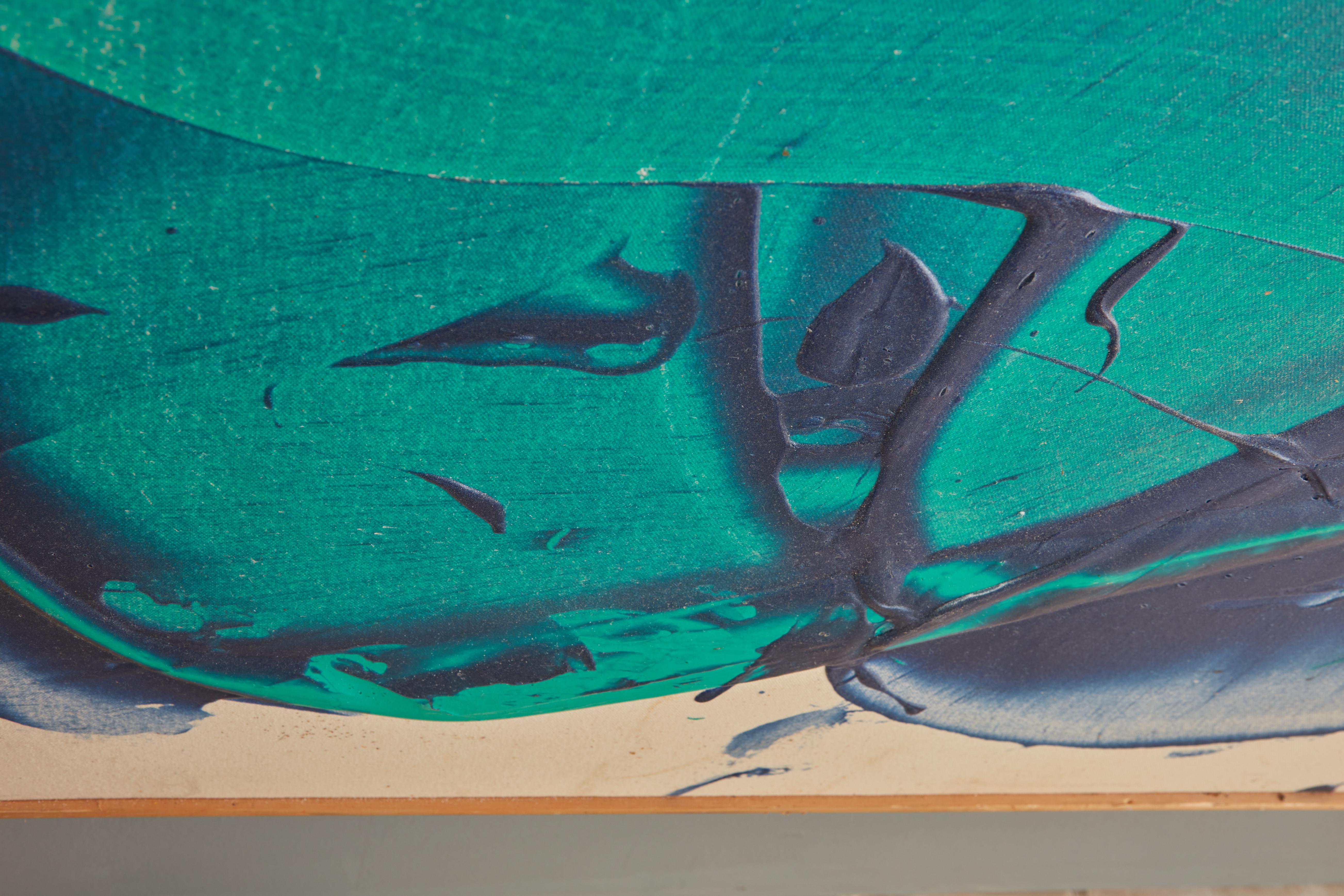 Grande peinture abstraite à l'acrylique et à la résine rose, verte et bleue sur toile de John Link en vente 2