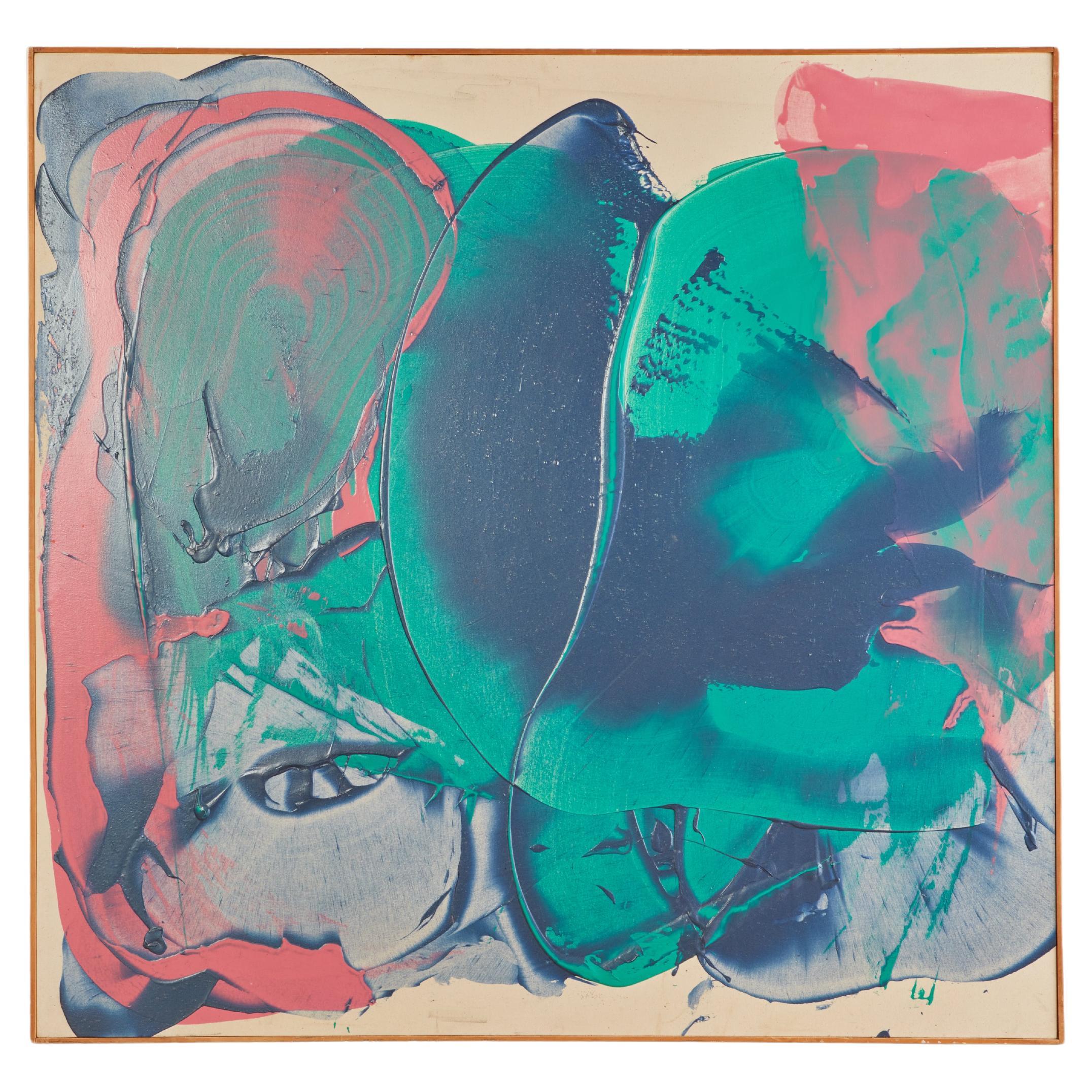Grande peinture abstraite à l'acrylique et à la résine rose, verte et bleue sur toile de John Link