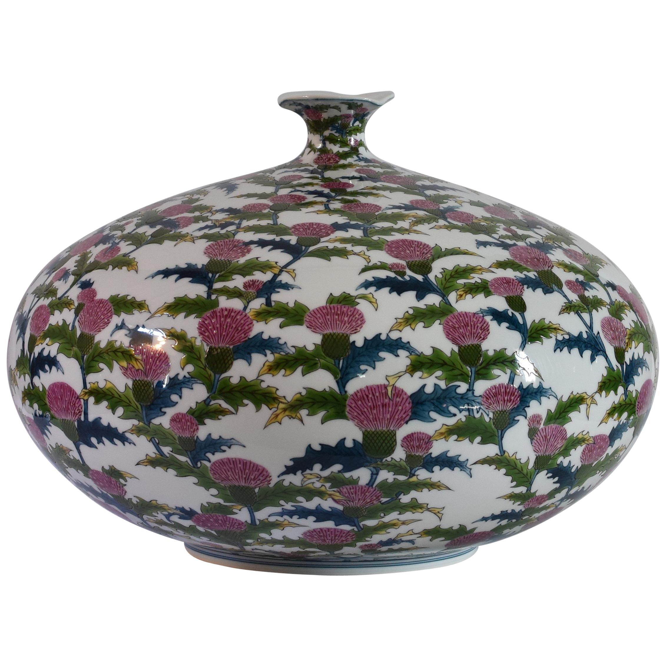 Large Pink Green Porcelain Vase by Japanese Master Artist For Sale 3
