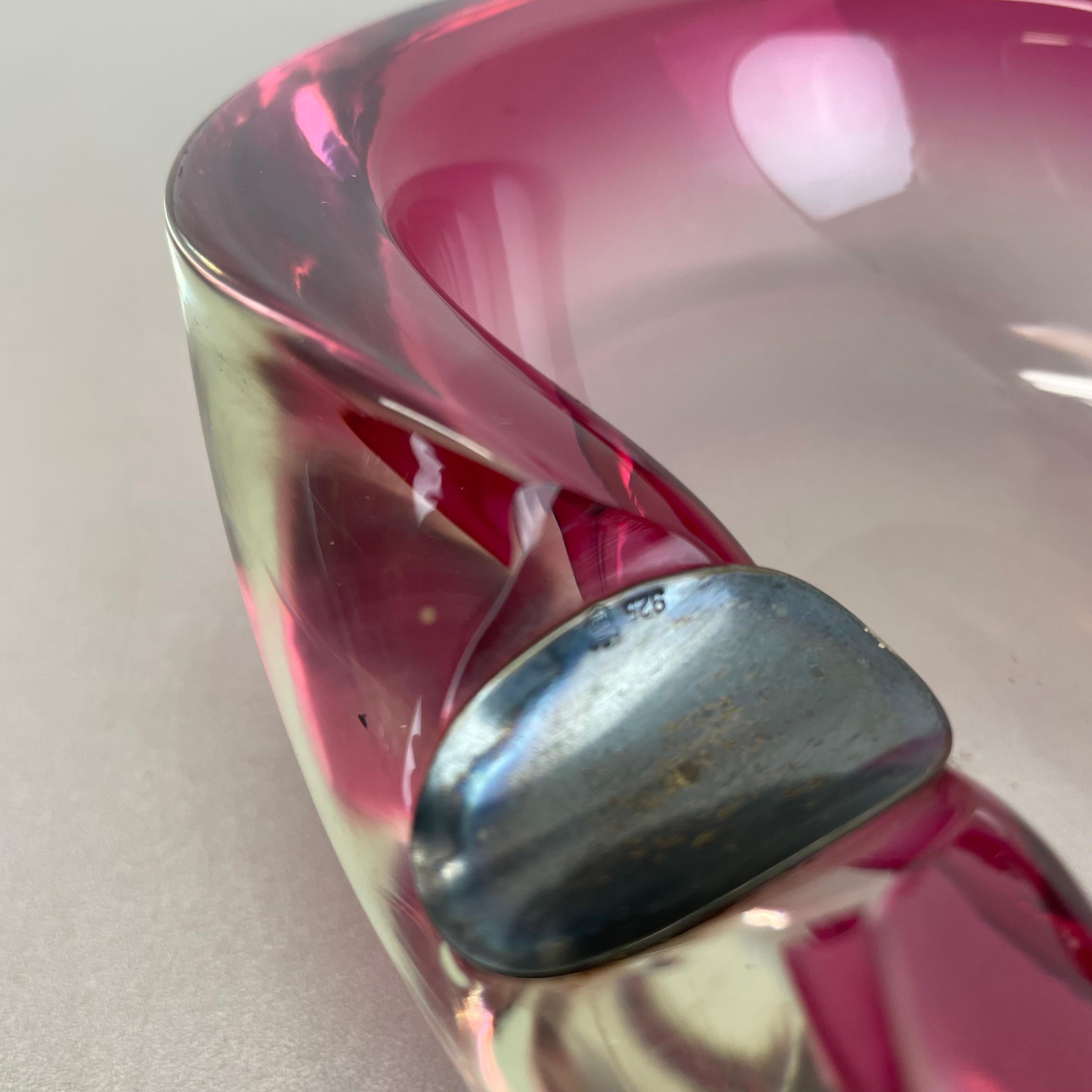 Large Pink Murano Bubble Glass Bowl Ashtray w/ sterling silver 925, Italy, 1970s For Sale 9