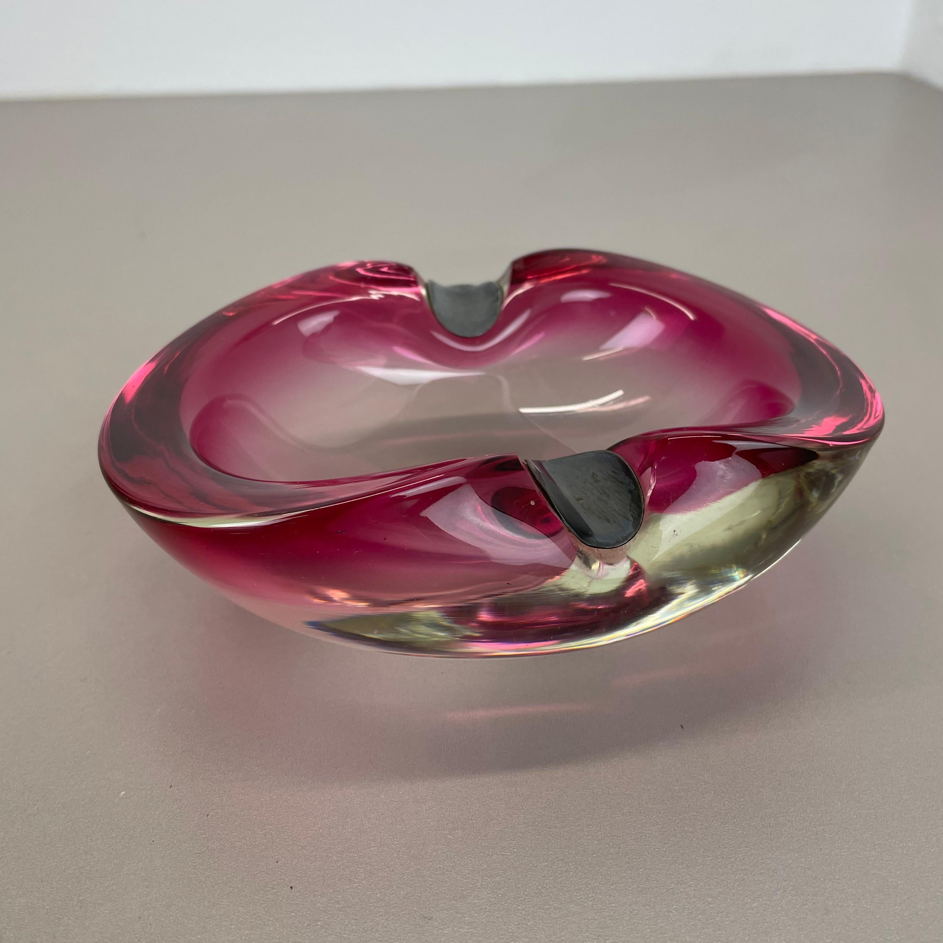 Italian Large Pink Murano Bubble Glass Bowl Ashtray w/ sterling silver 925, Italy, 1970s For Sale