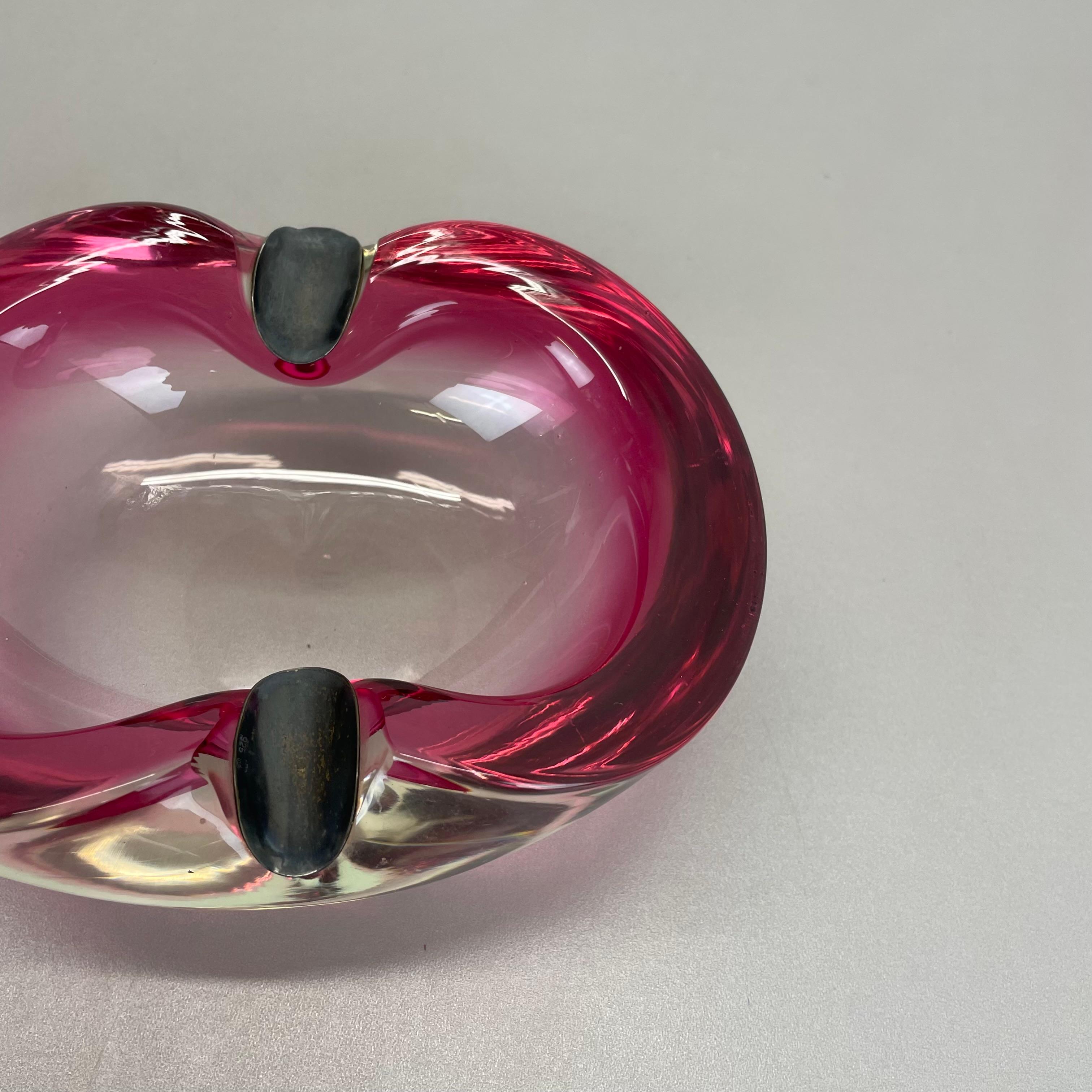 20th Century Large Pink Murano Bubble Glass Bowl Ashtray w/ sterling silver 925, Italy, 1970s For Sale