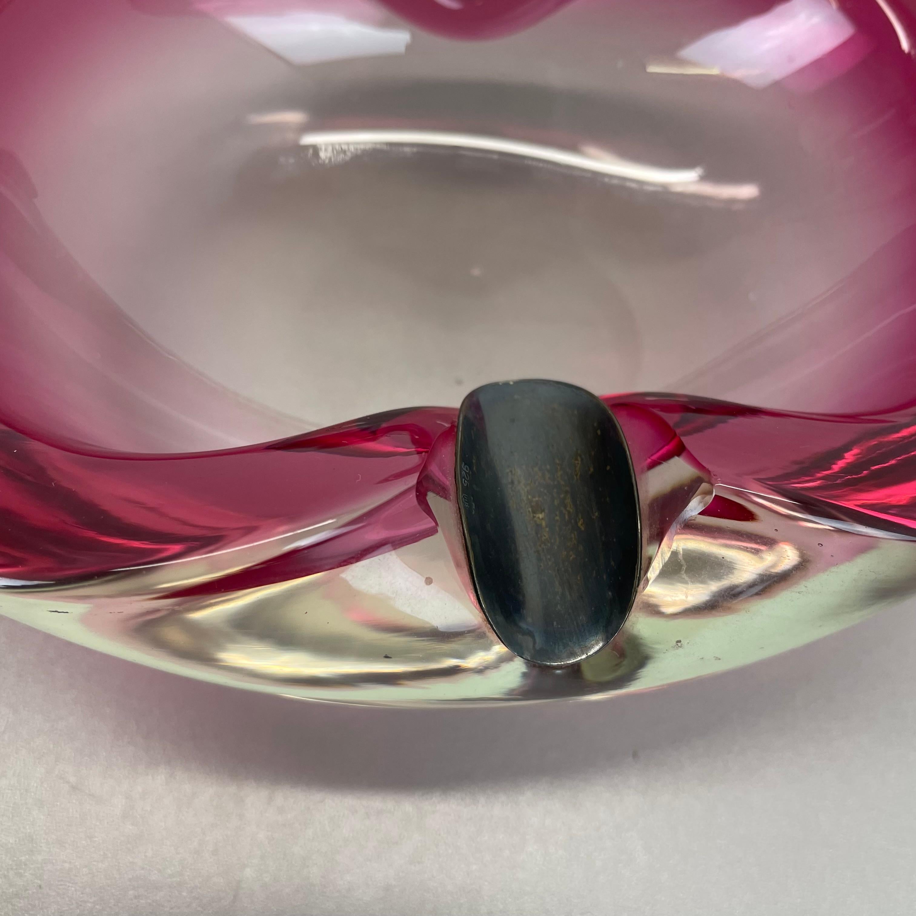 Murano Glass Large Pink Murano Bubble Glass Bowl Ashtray w/ sterling silver 925, Italy, 1970s For Sale