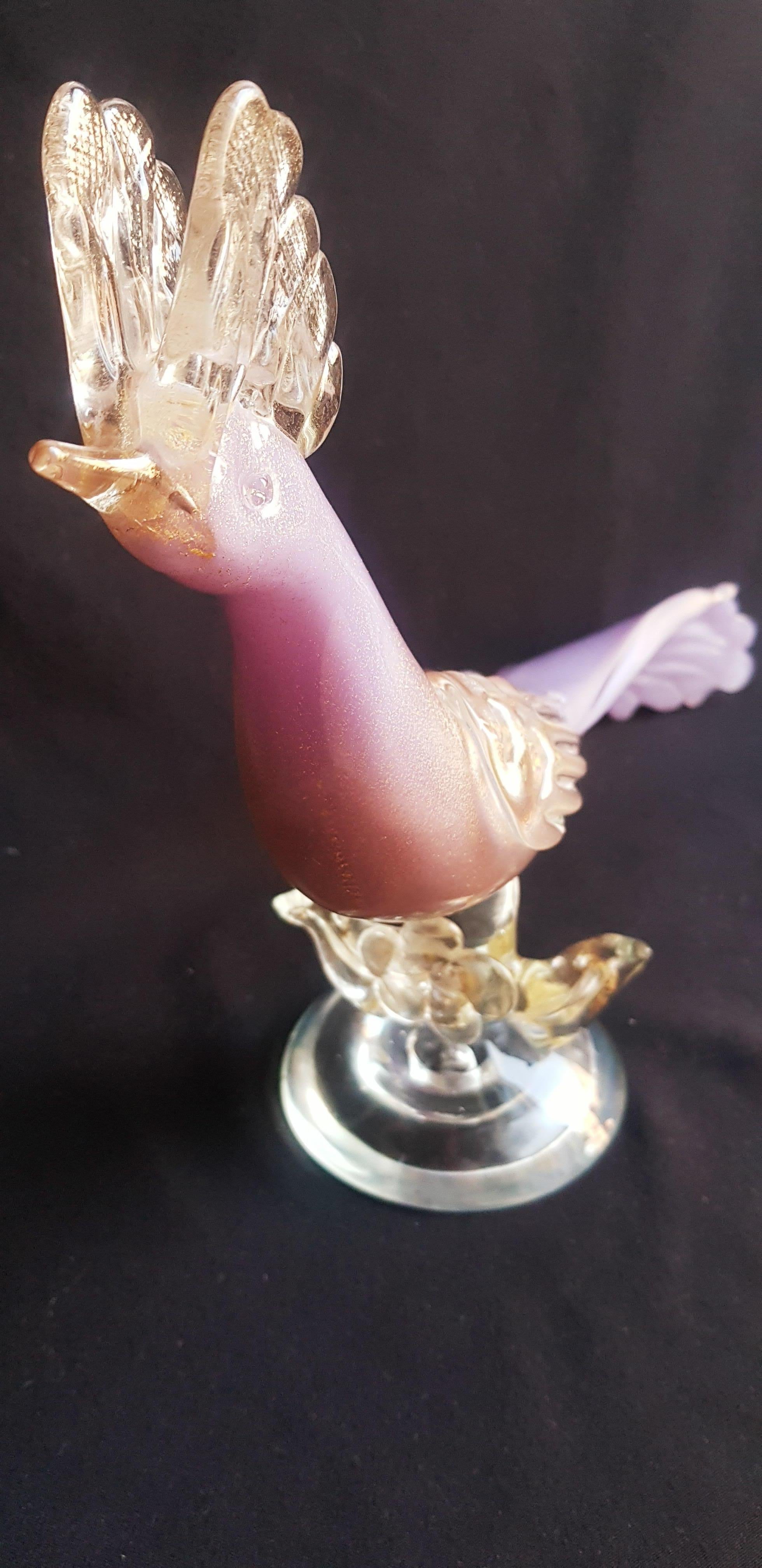 Large pink opal bird with gold leaf by Alfredo Barbini for Cenedese 1940 For Sale 5