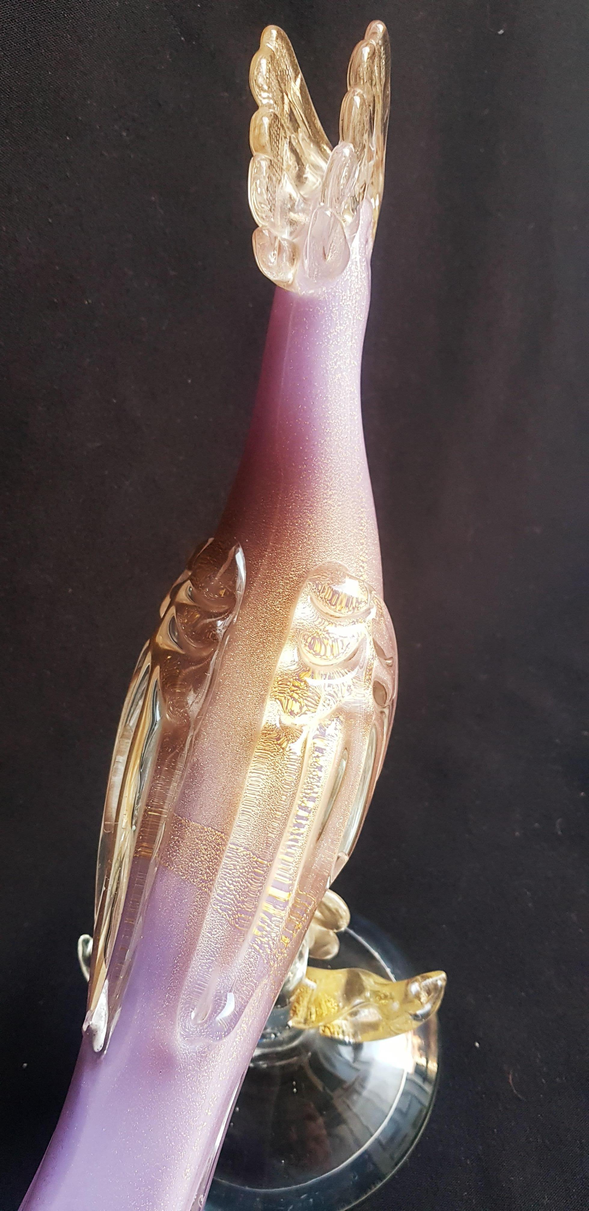 Large pink opal bird with gold leaf by Alfredo Barbini for Cenedese 1940 For Sale 7